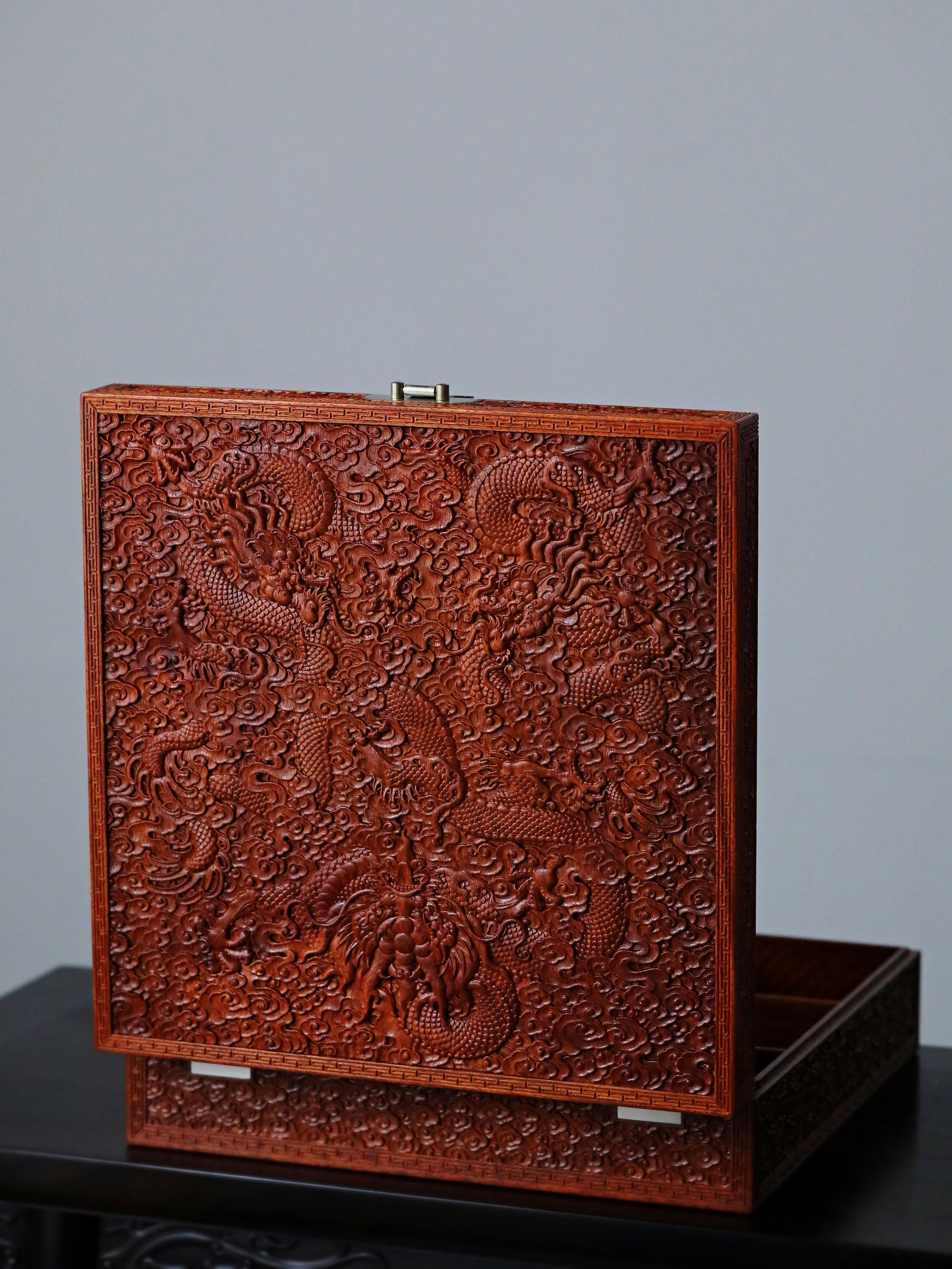 Burmese Flower Dragon Soaring Ten Thousand Miles Fully Carved Tea Box