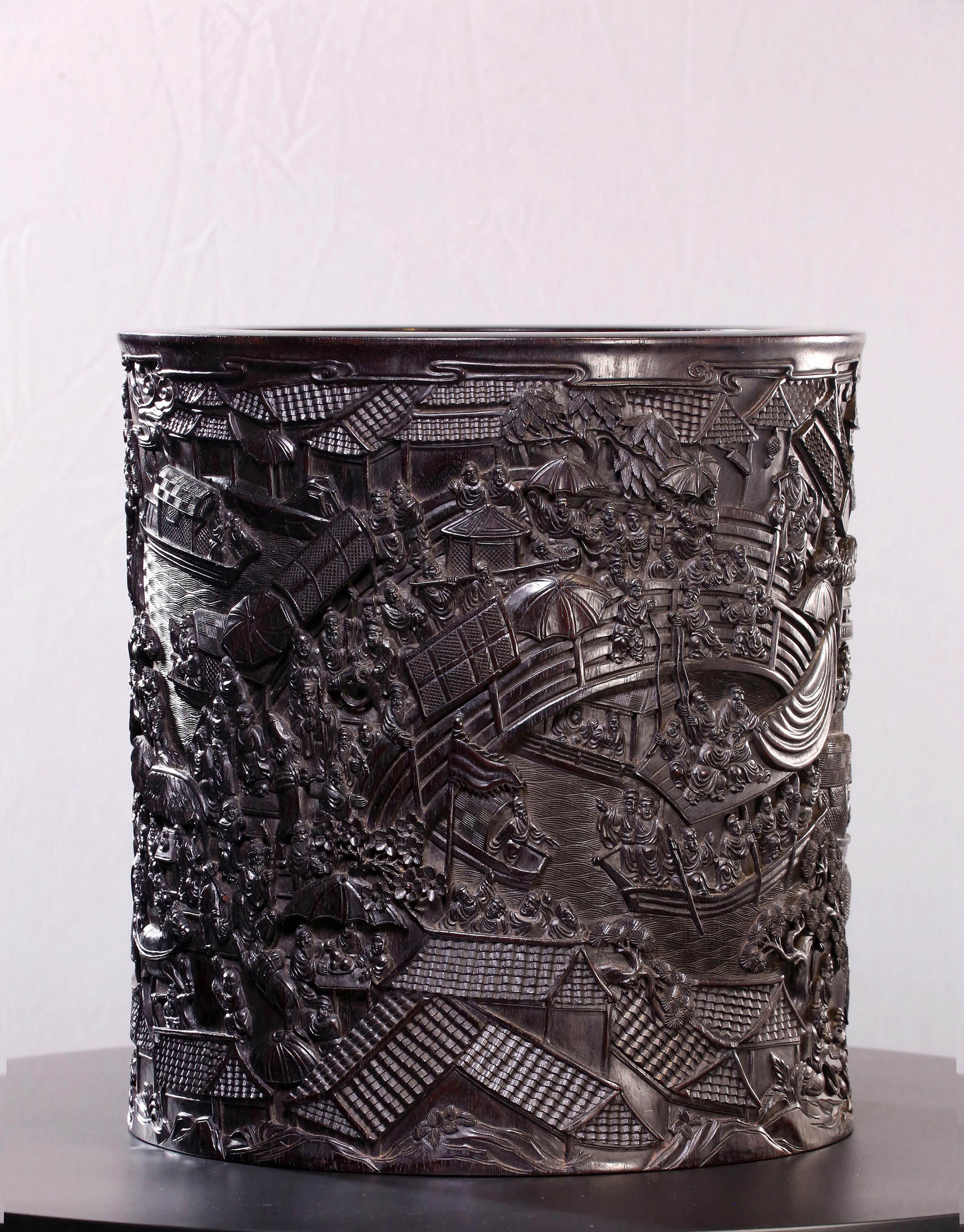 Indian rosewood brush holder depicting the Qingming Scroll