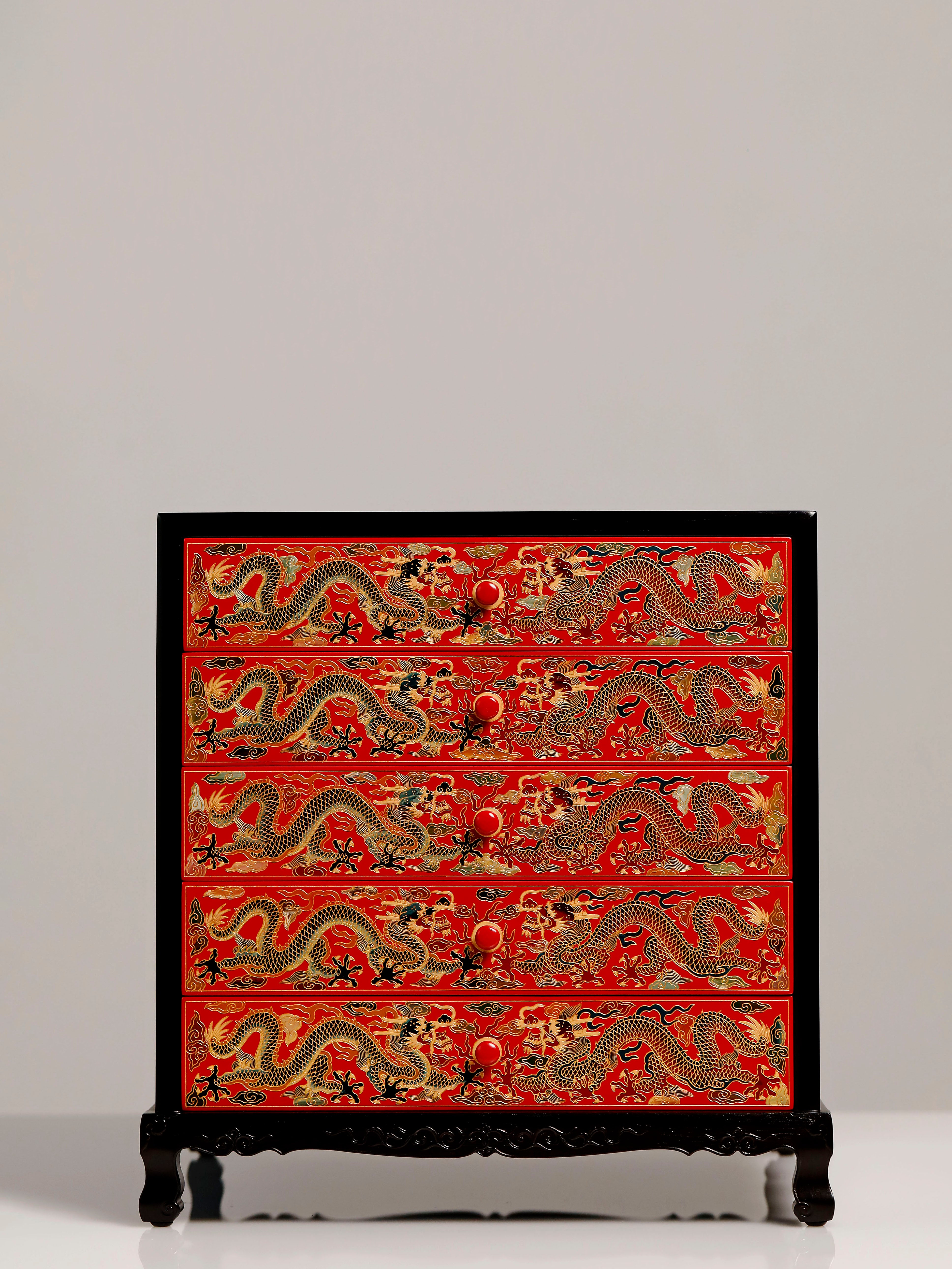 Purple sandalwood lacquer table with double dragons playing with a pearl, five-tiered tea cabinet