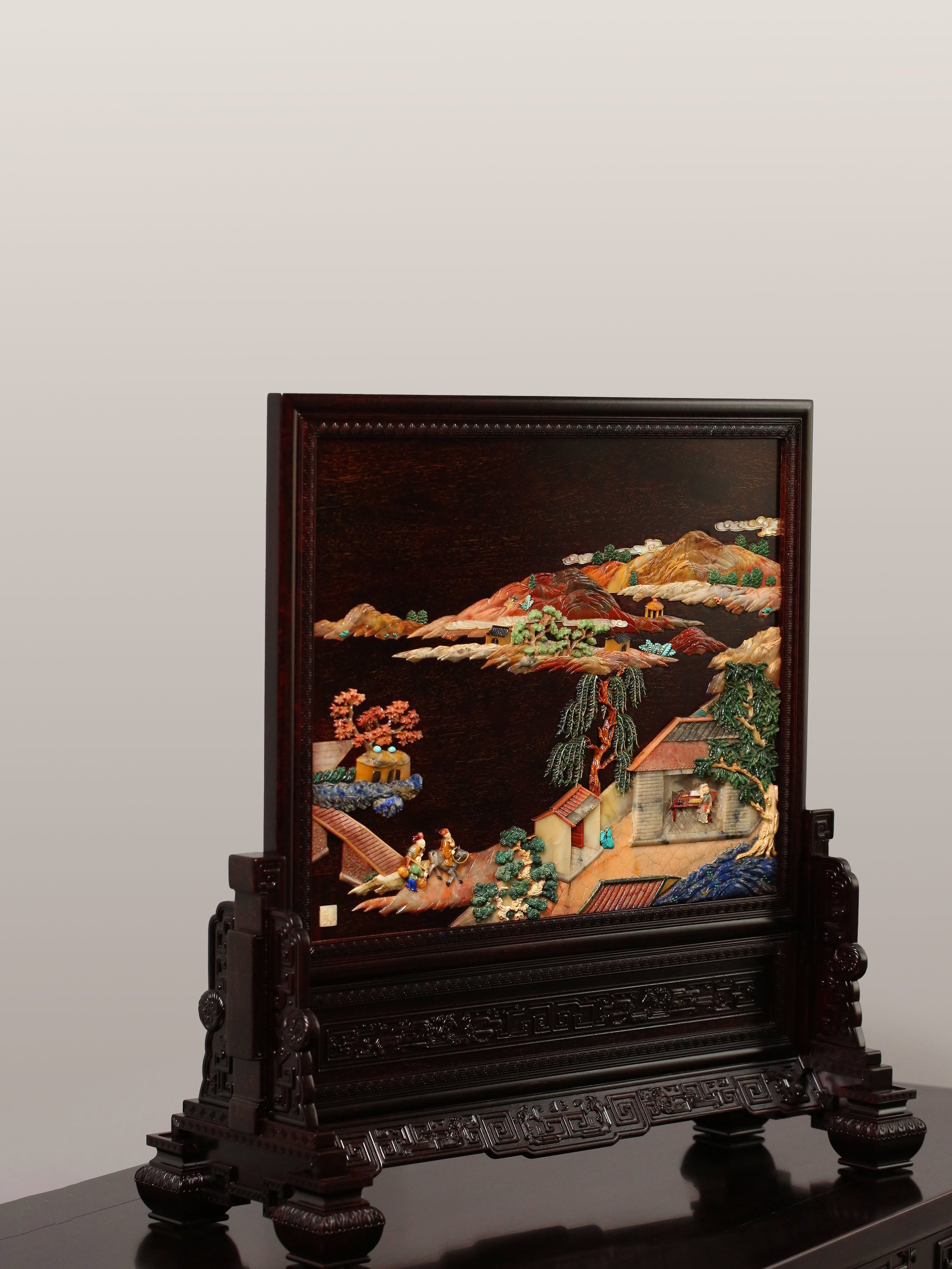Rosewood Inlaid Scholar and Phoenix Pattern Screen