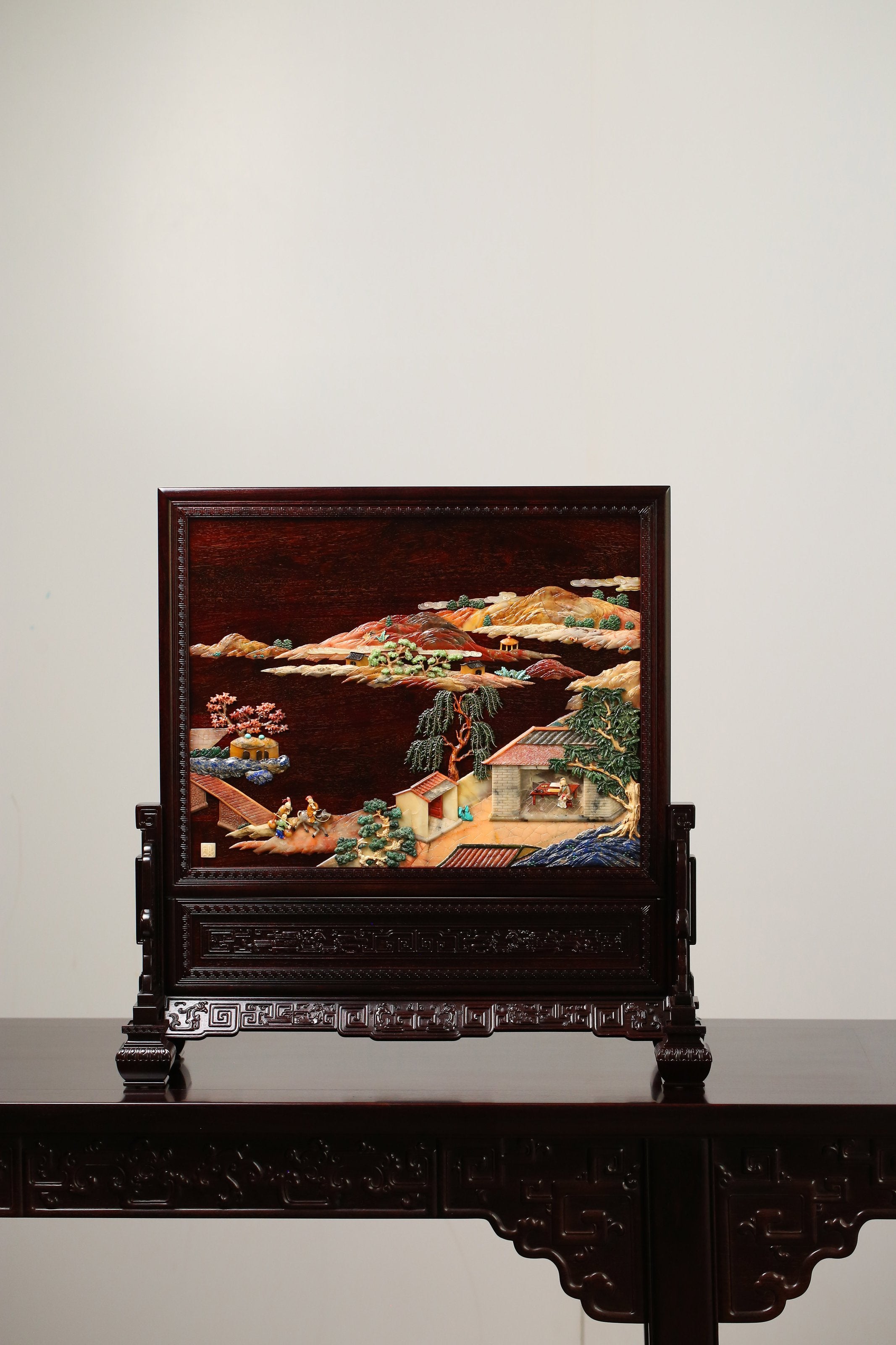 Rosewood Inlaid Scholar and Phoenix Pattern Screen