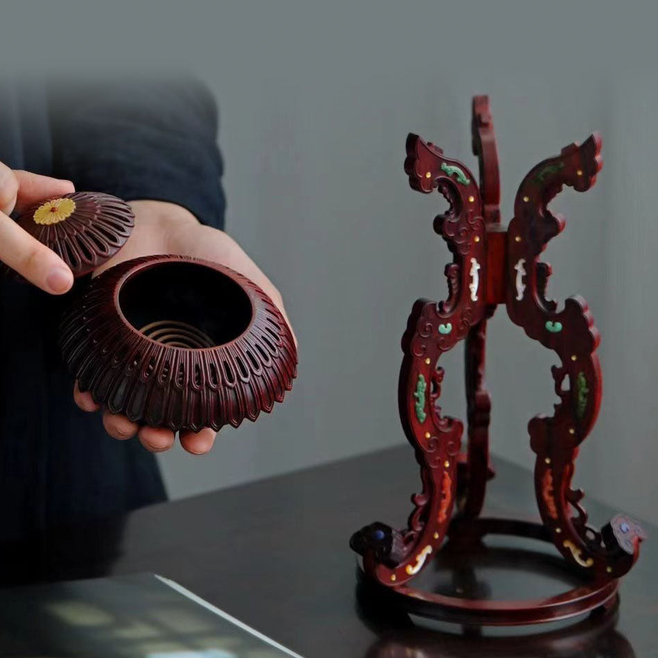 Small-leaf sandalwood incense burner inlaid with kui-phoenix patterns and chrysanthemum petal design