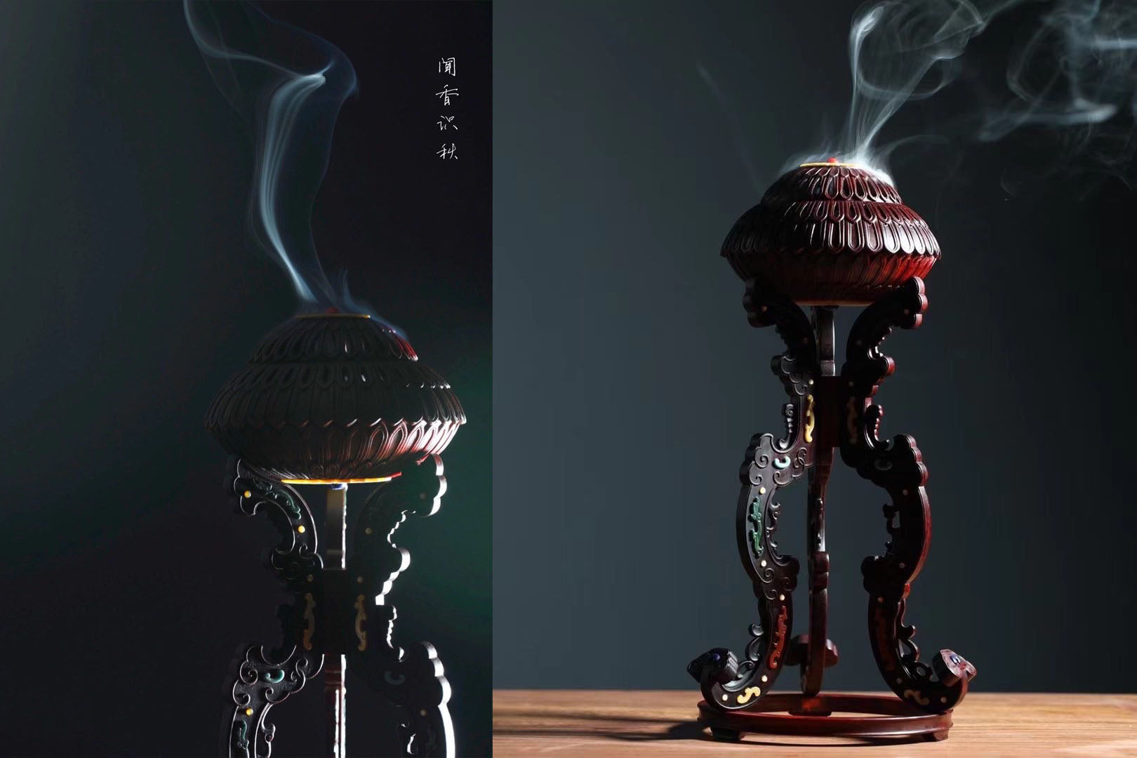 Small-leaf sandalwood incense burner inlaid with kui-phoenix patterns and chrysanthemum petal design