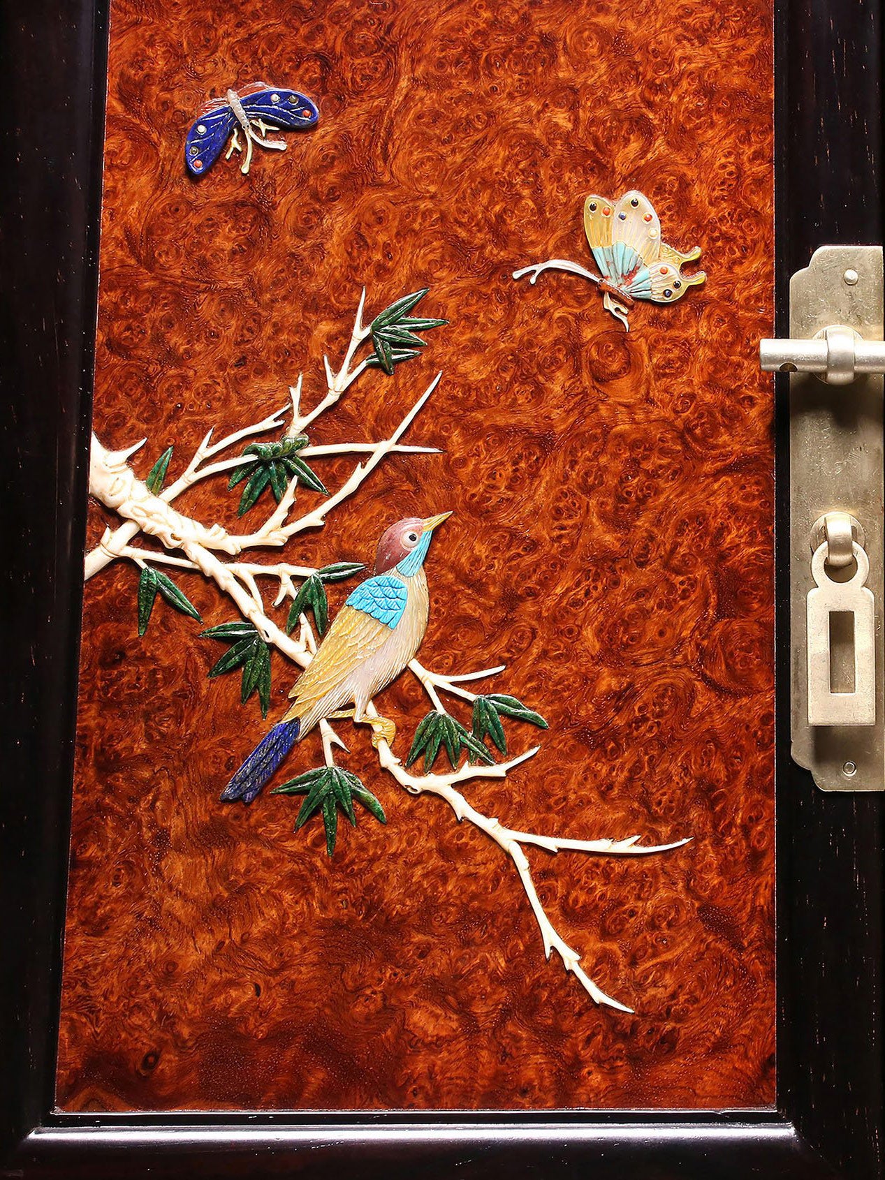 Burl Wood Inlaid Treasure Tea Box with Flowers and Birds