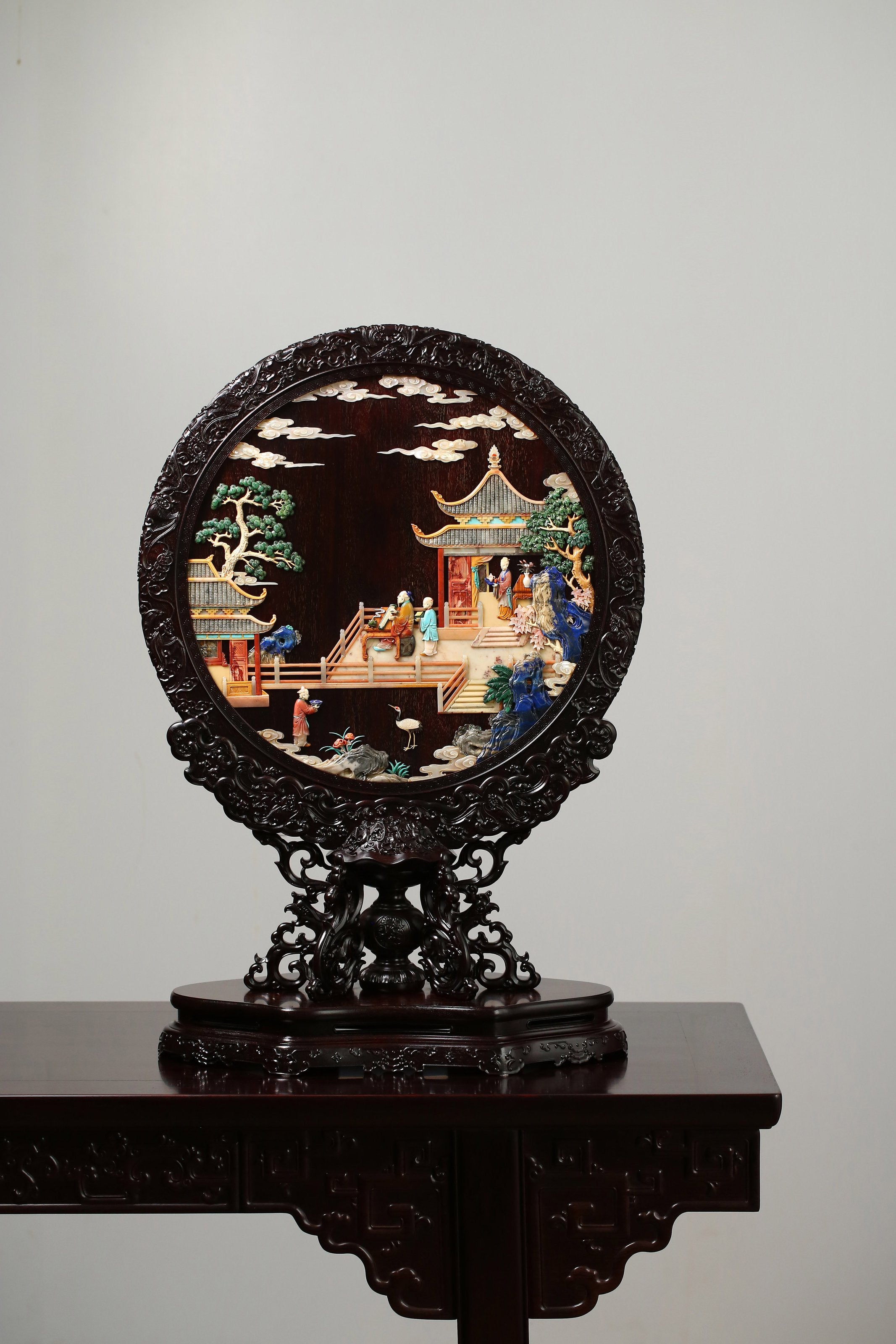 A Zitan Screen Inlaid with Treasures and Featuring a High-Ranking Official