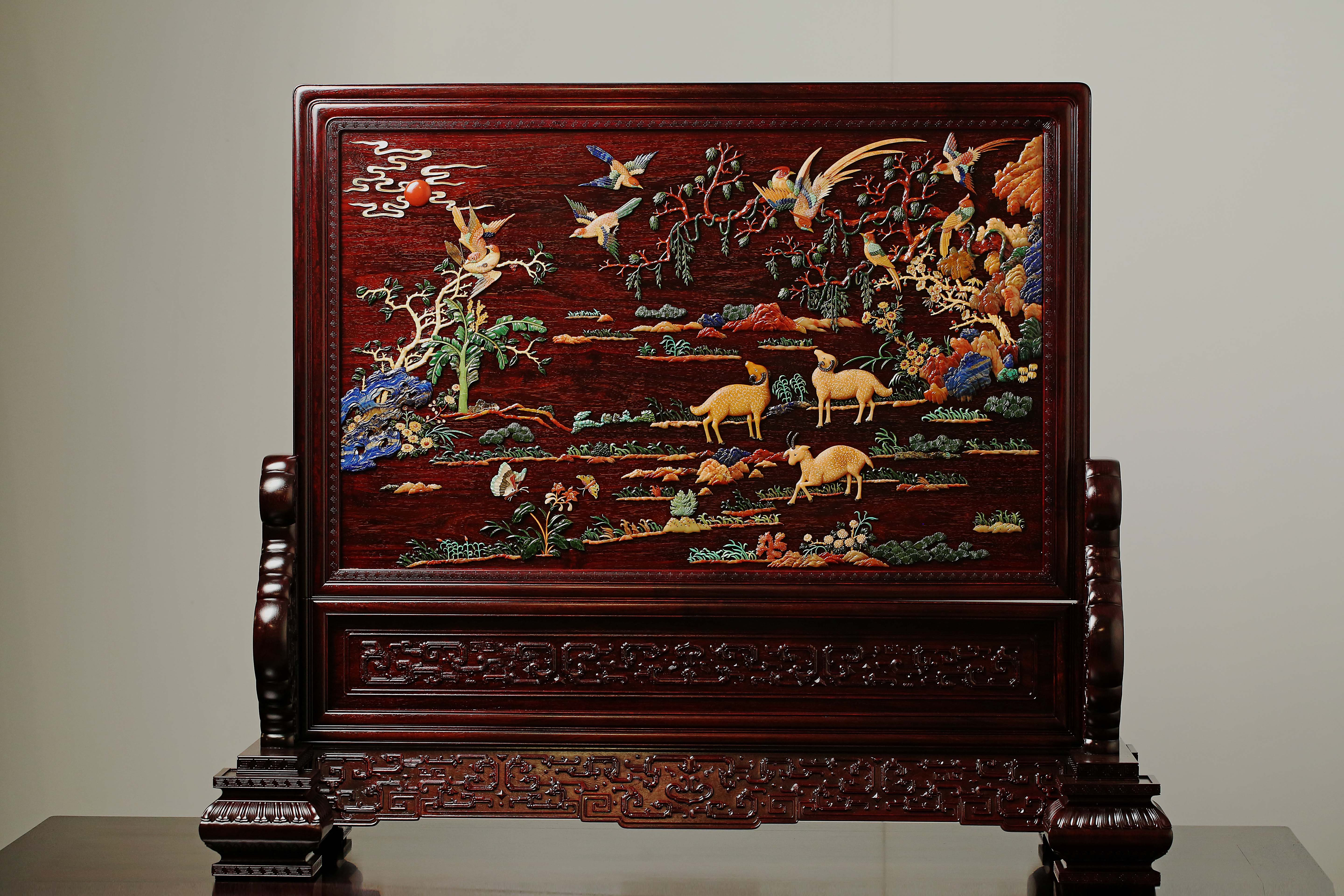 Extra Large Insert Screen with Hundred Birds Inlaid with Treasures
