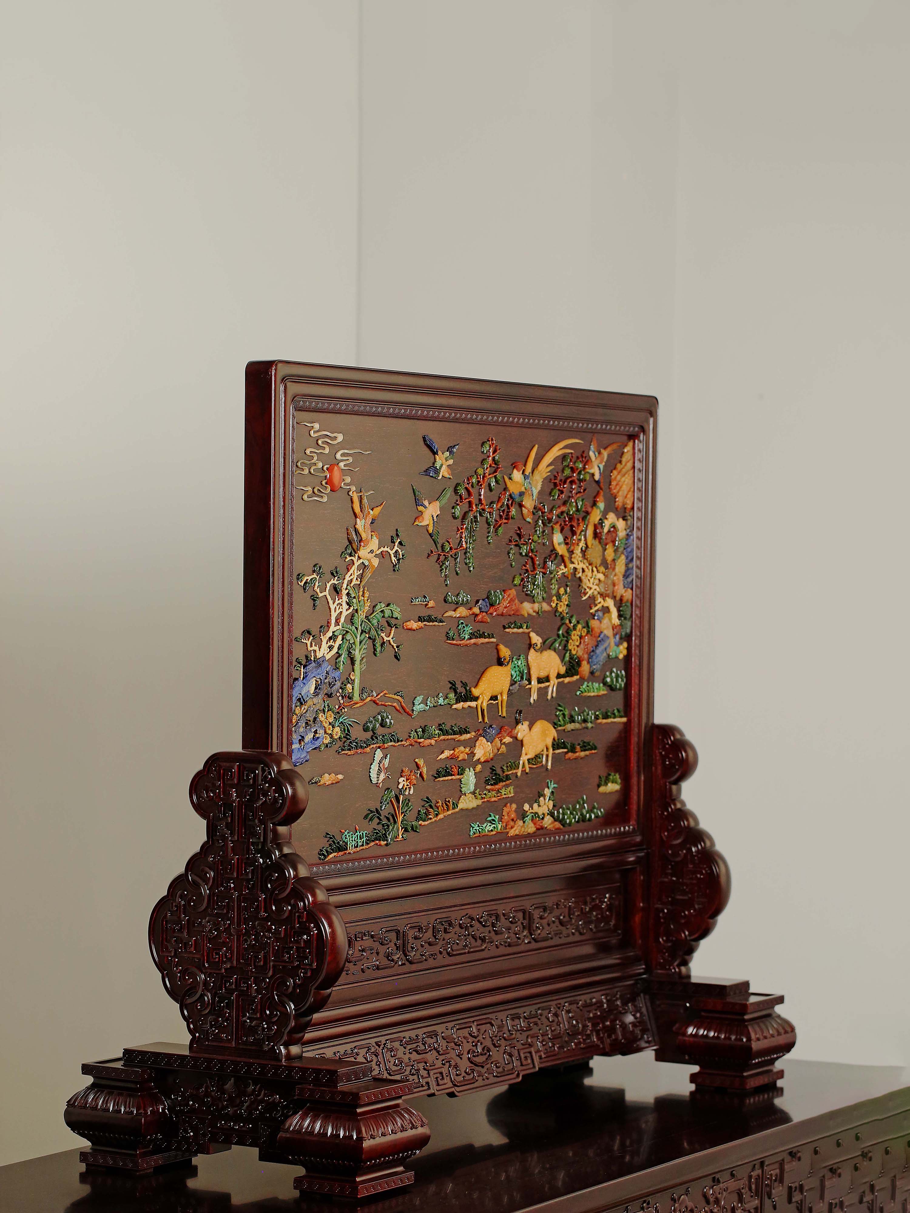 Extra Large Insert Screen with Hundred Birds Inlaid with Treasures