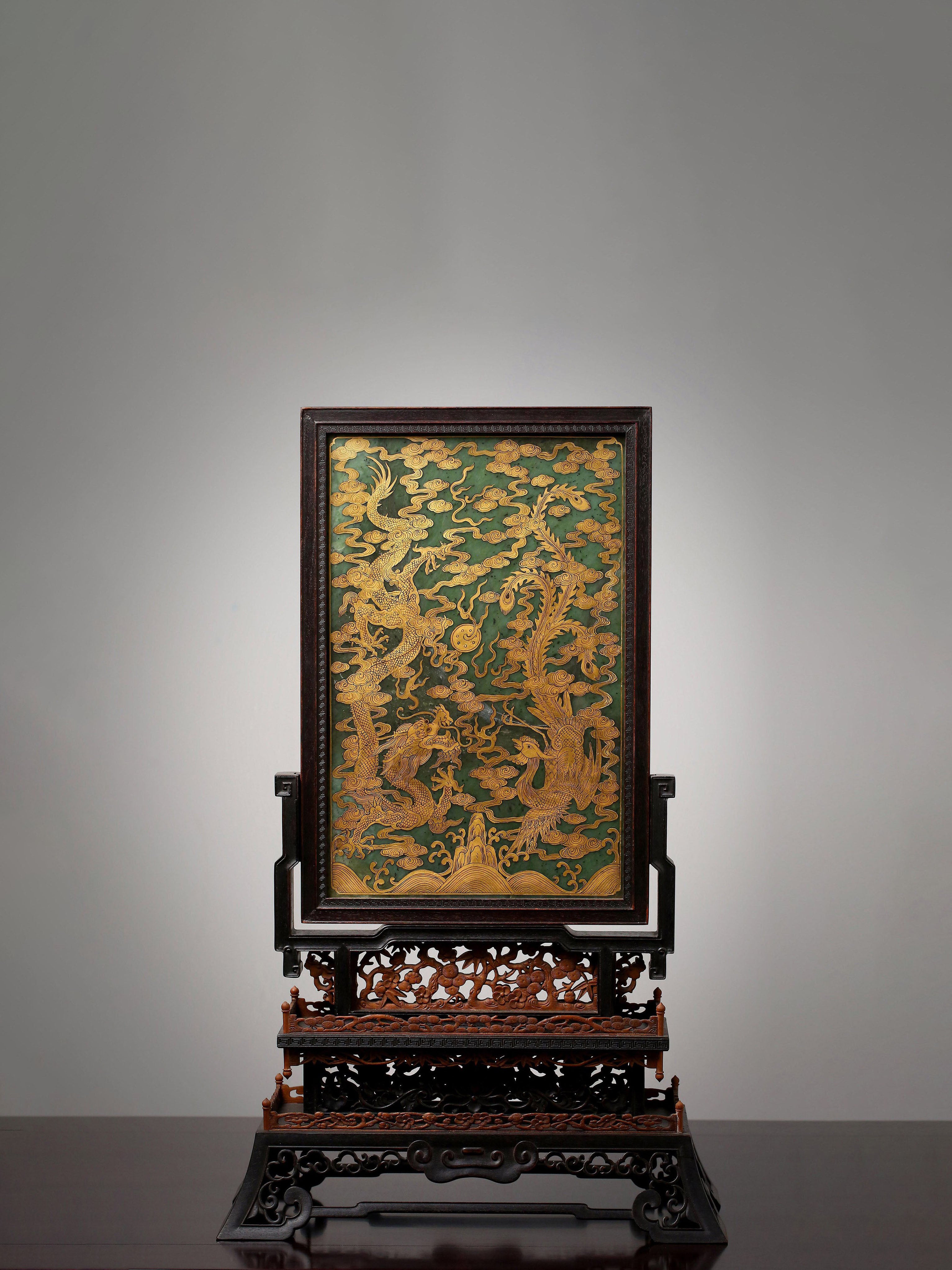 Jade Inlaid Gemstone Antique Gilded Screen