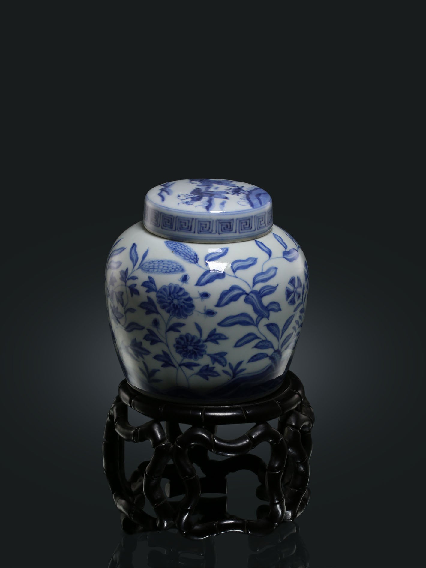 Blue and white porcelain tea canister with auspicious floral patterns