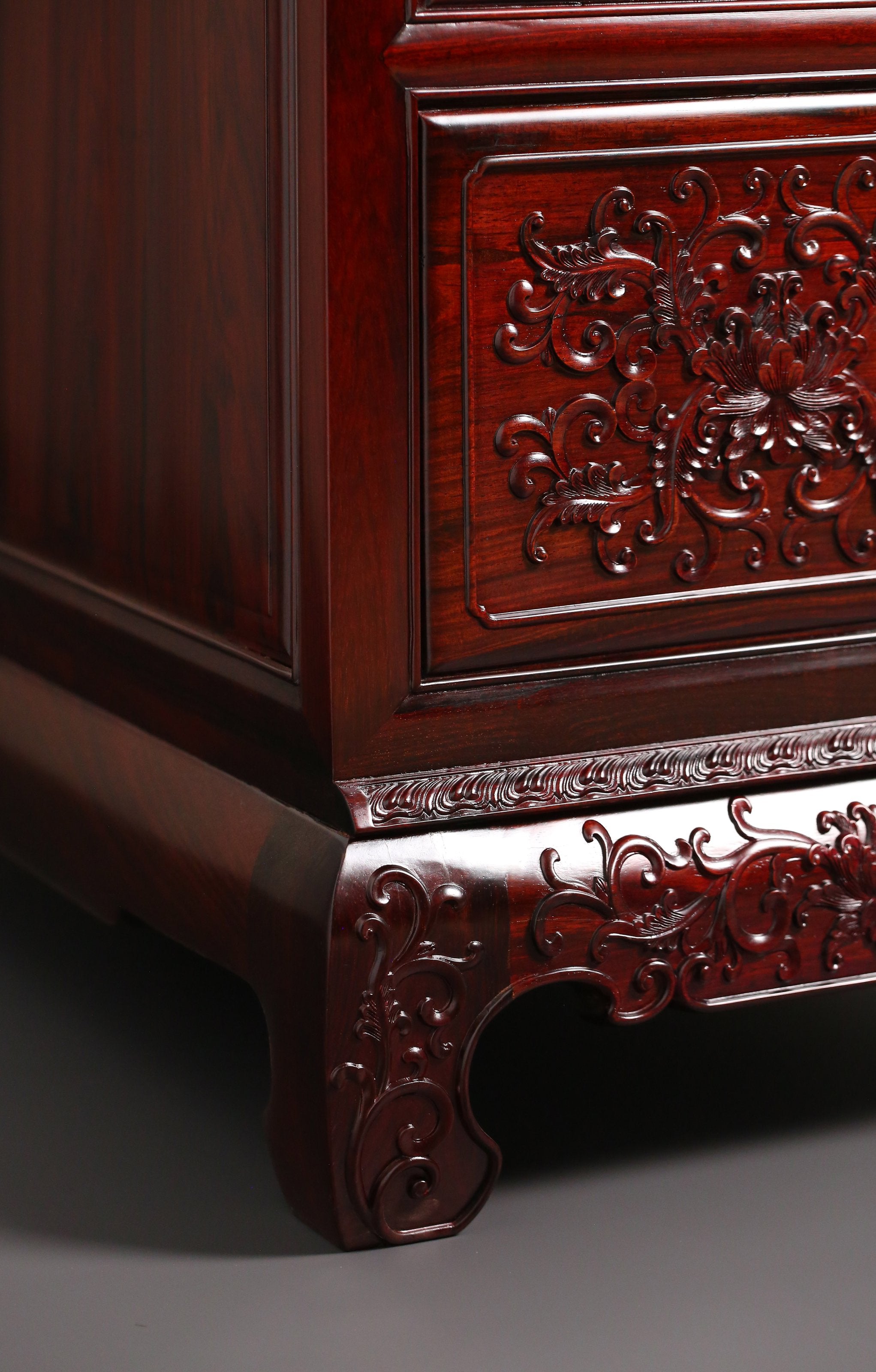 Lao rosewood five-drawer cabinet with lotus scroll pattern
