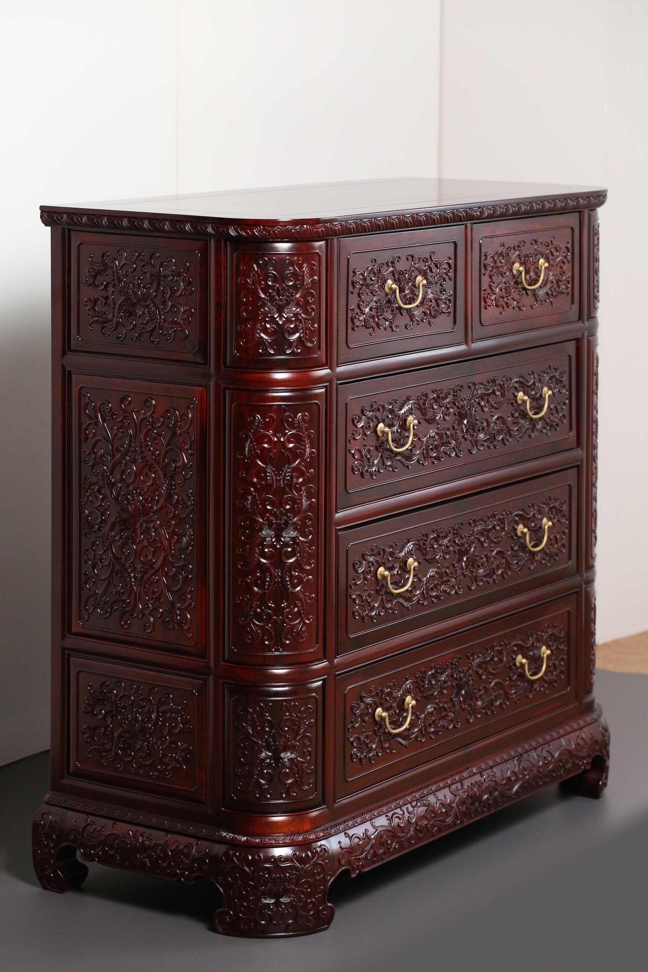 Lao rosewood five-drawer cabinet with lotus scroll pattern
