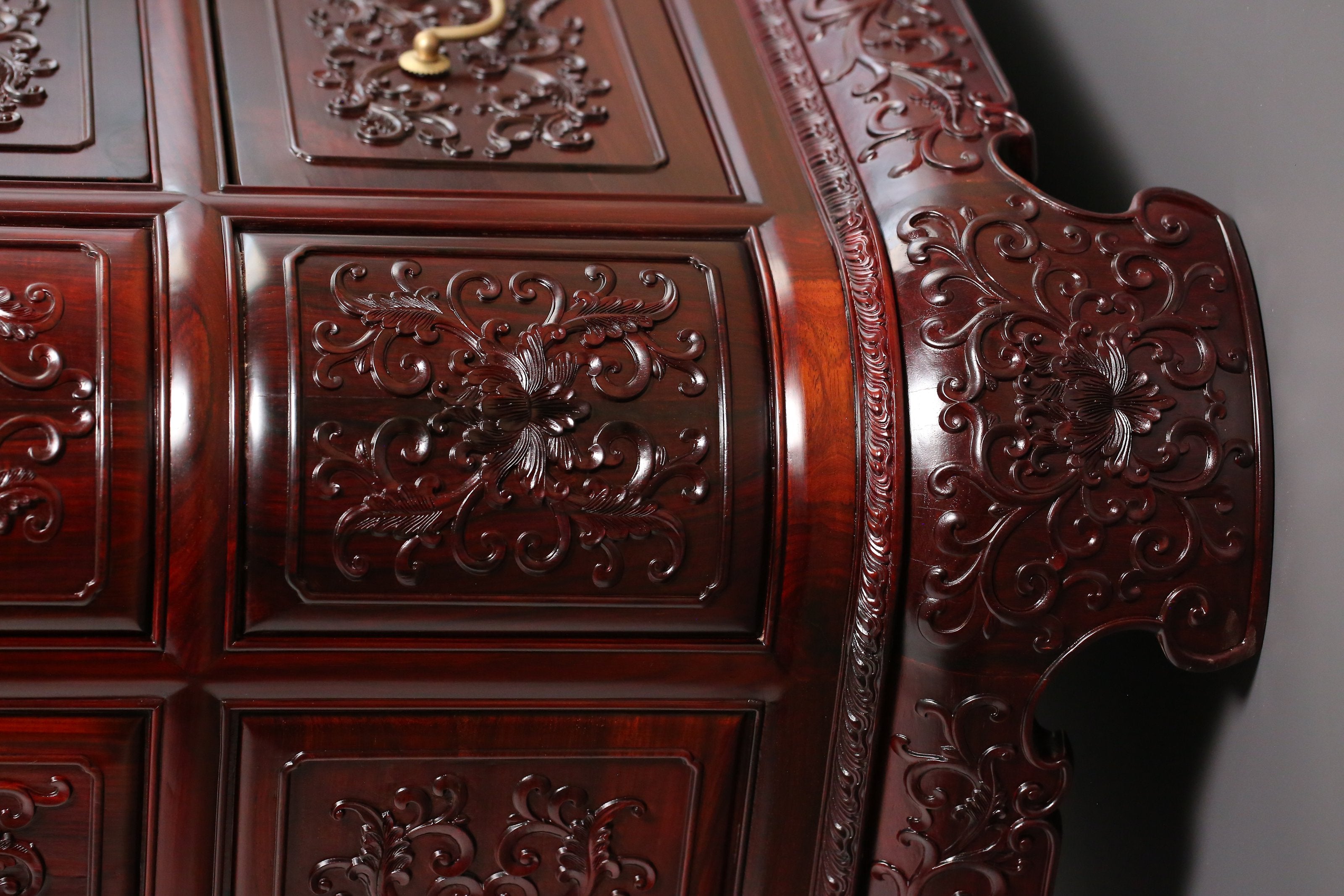 Lao rosewood five-drawer cabinet with lotus scroll pattern