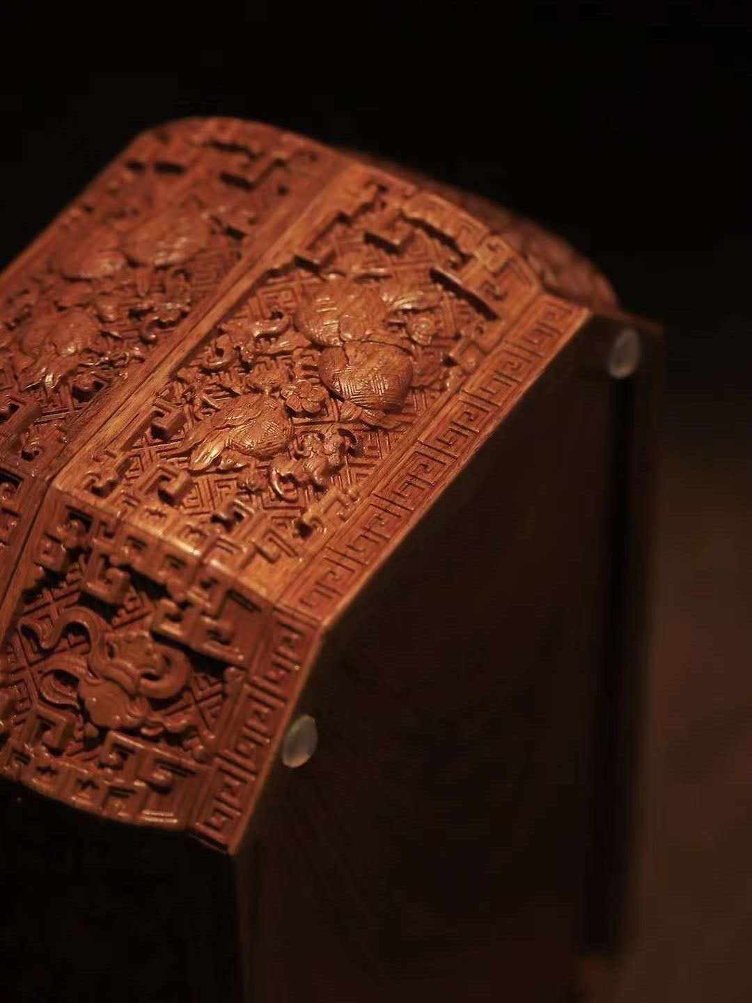 Tea box with full carving of lychee, butterfly, and dragon patterns