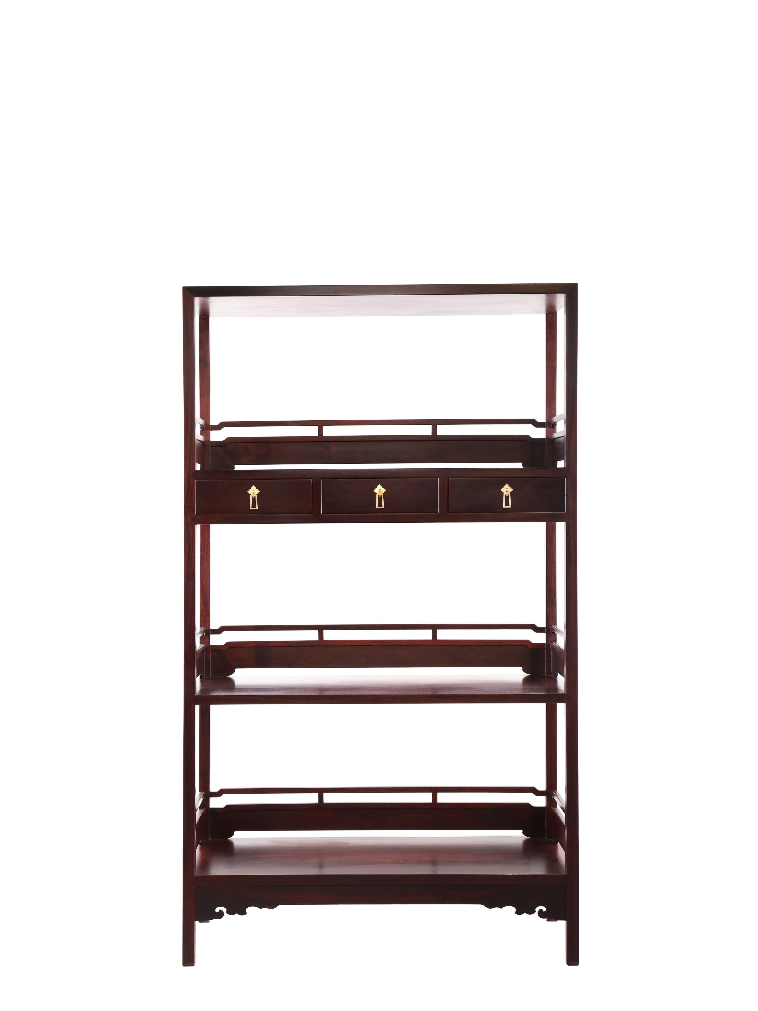 Three-tiered railing with drawers and large shelving