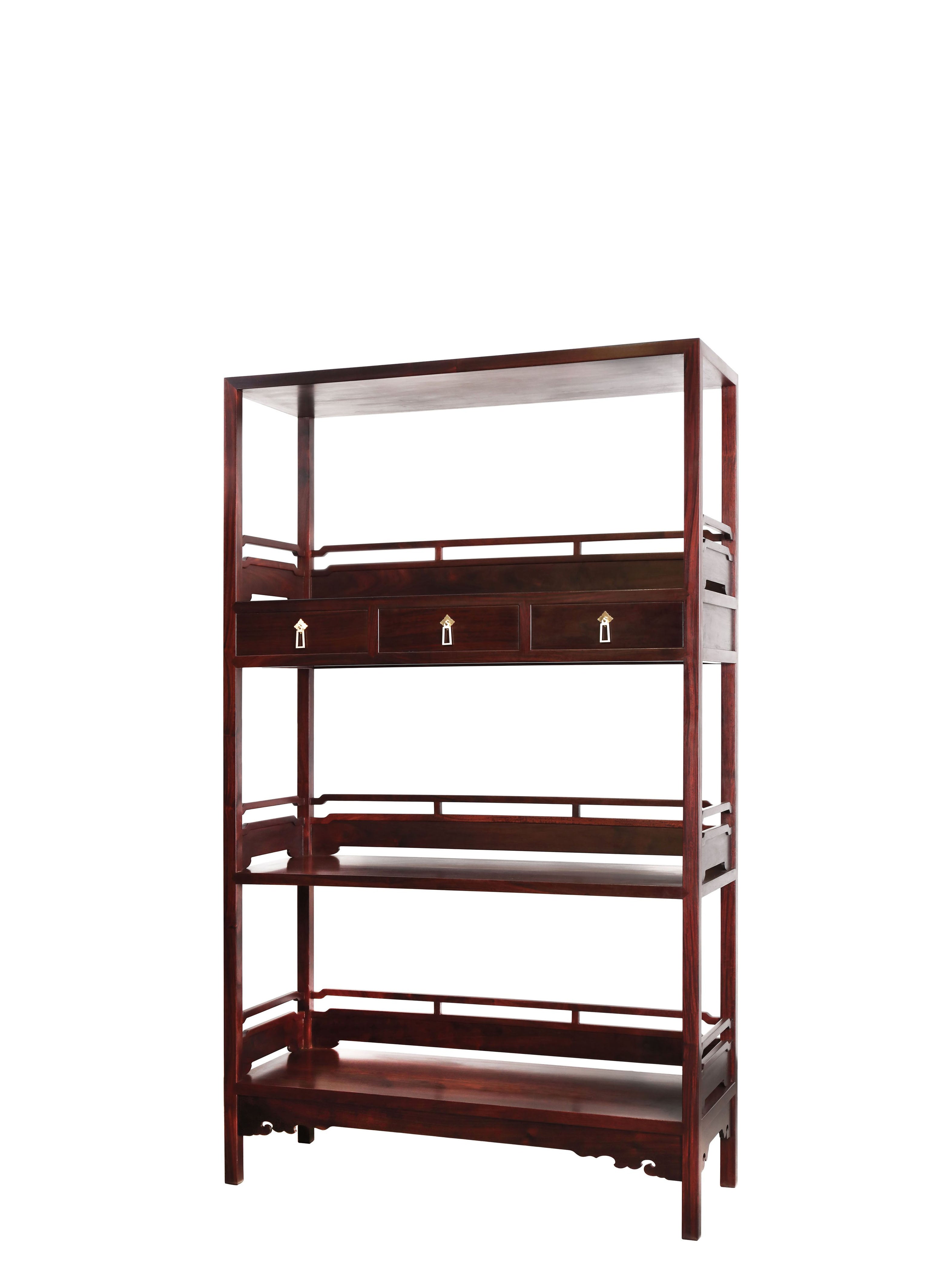 Three-tiered railing with drawers and large shelving