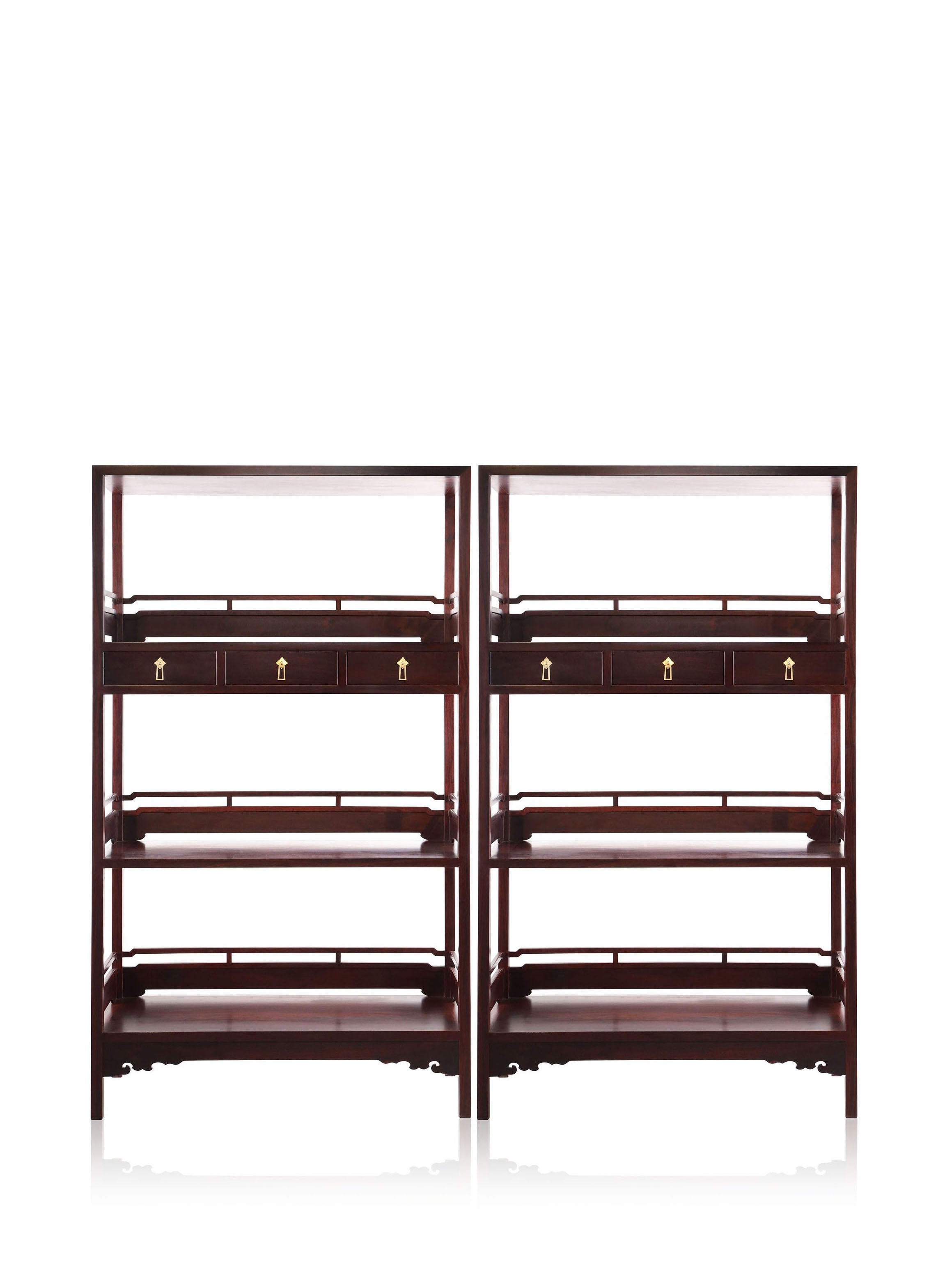 Three-tiered railing with drawers and large shelving