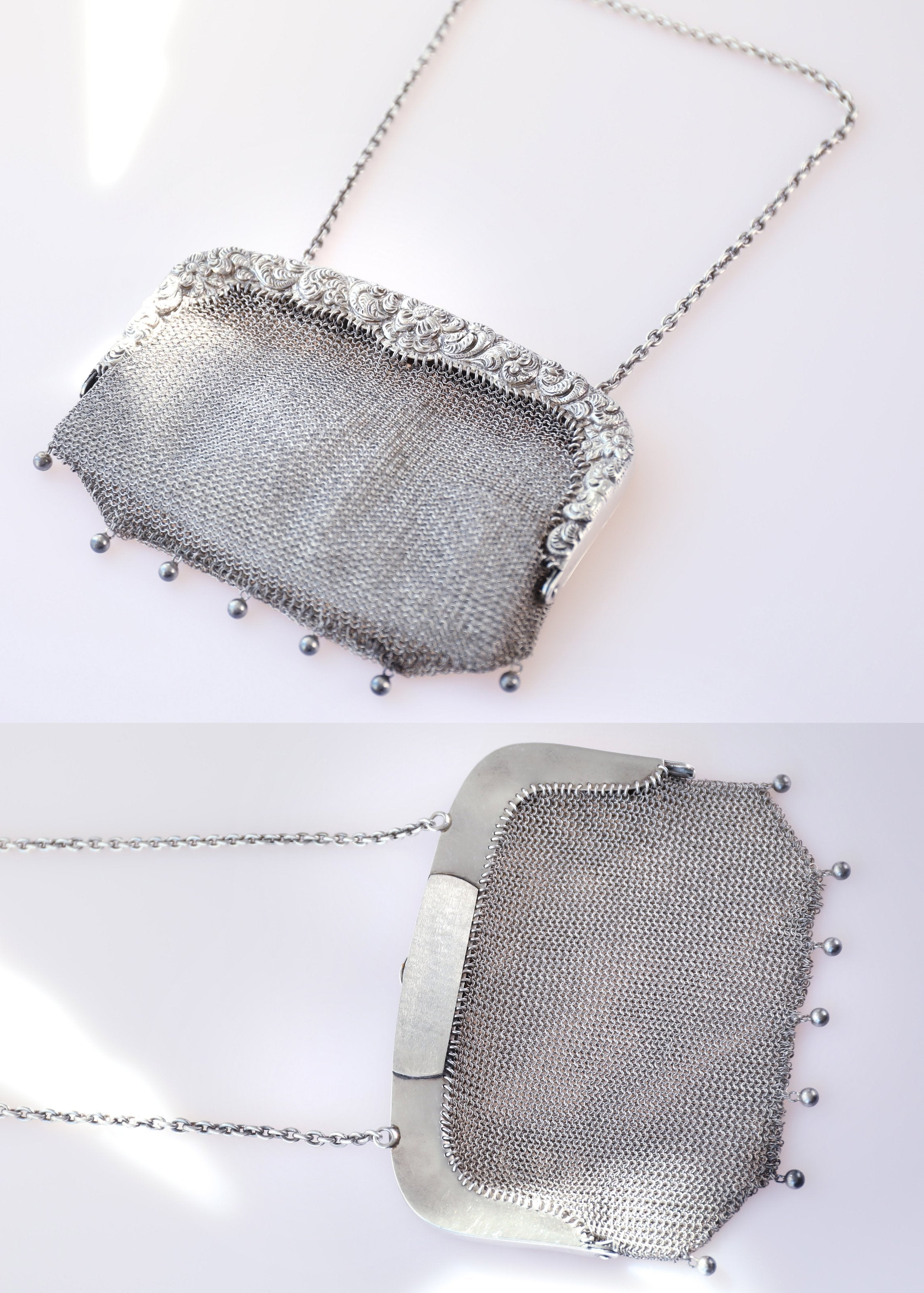 European antique sterling silver woven embossed handbag