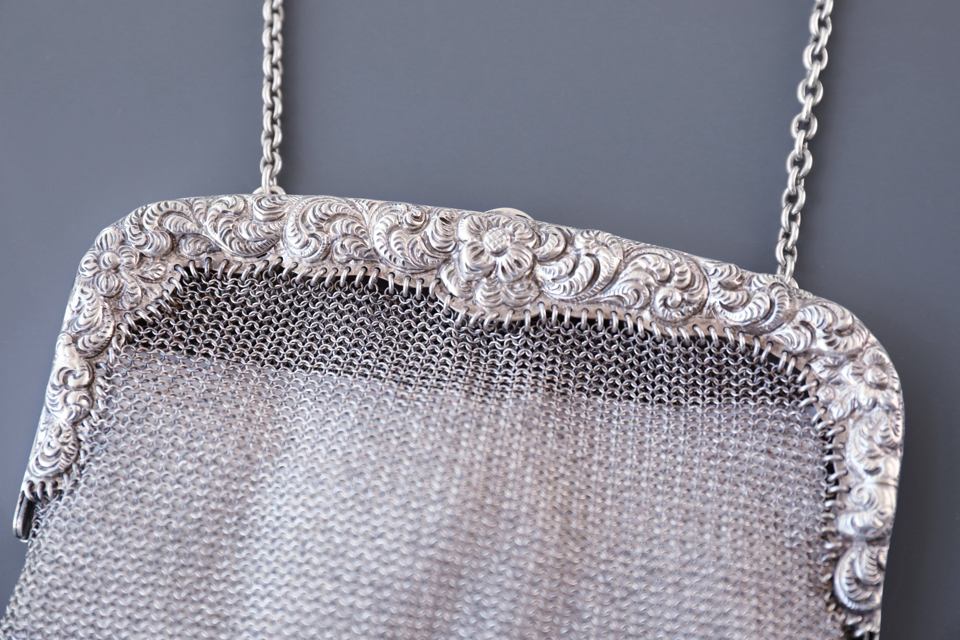 European antique sterling silver woven embossed handbag