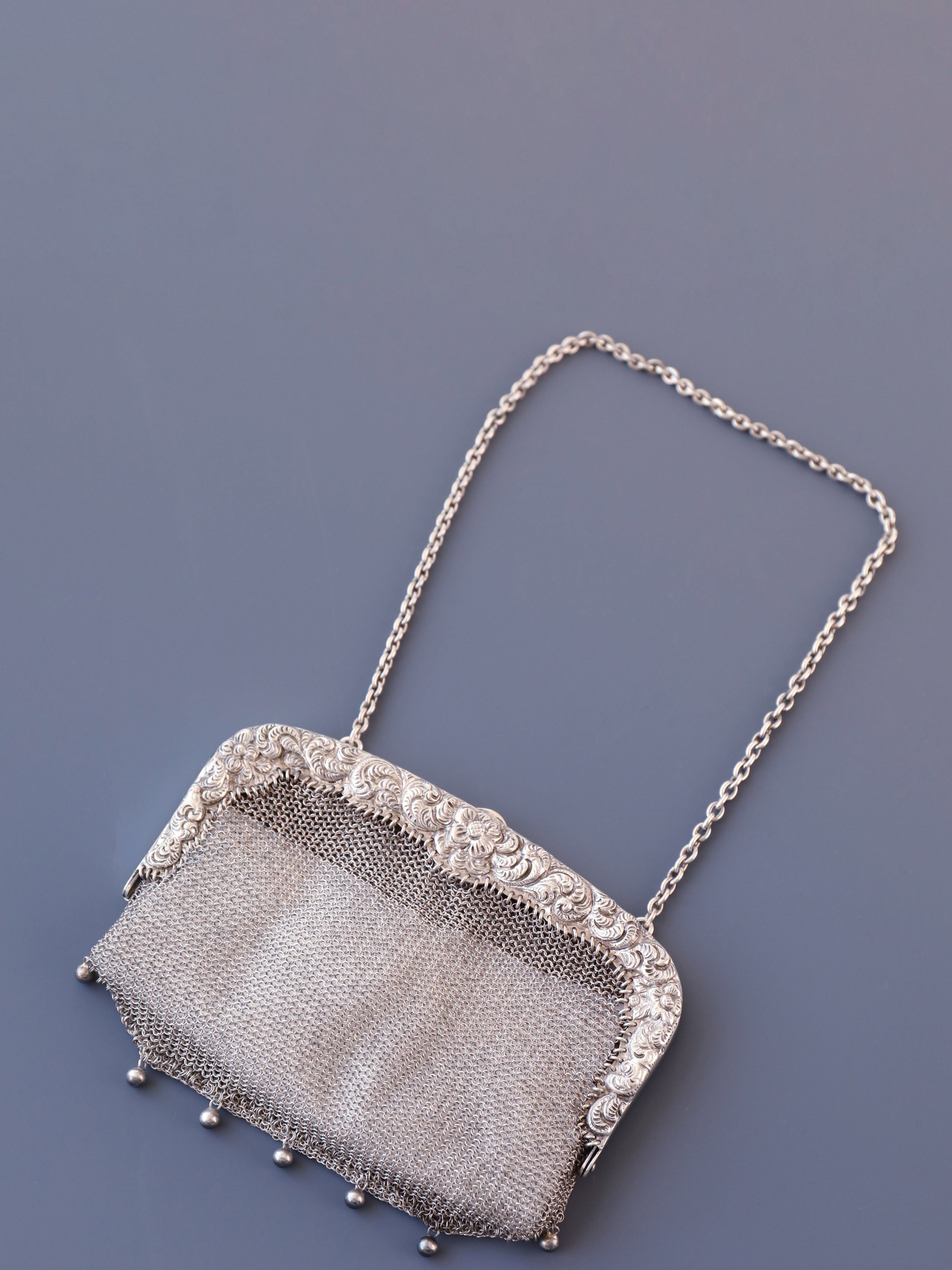 European antique sterling silver woven embossed handbag