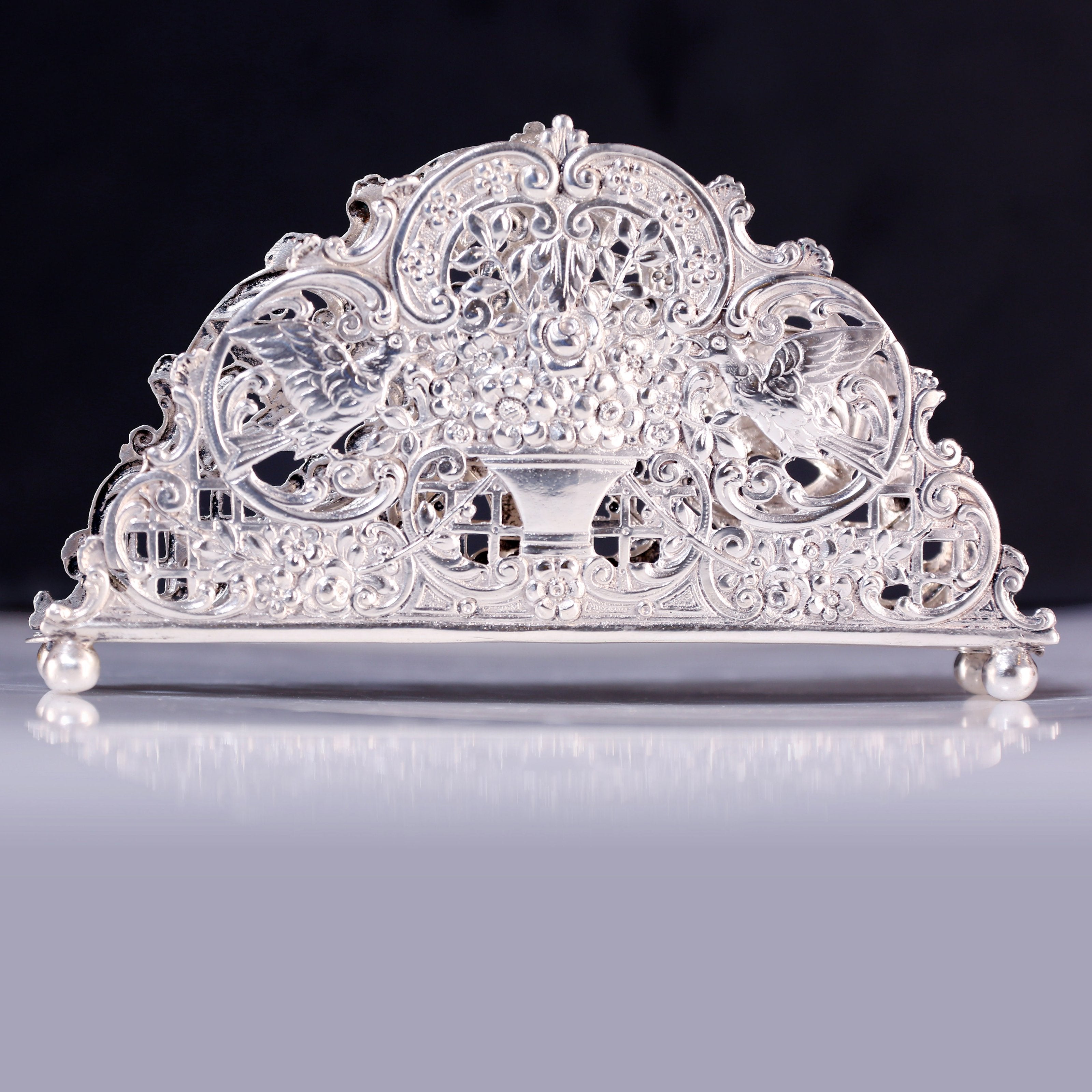 European antique sterling silver floral and fruit tissue holder