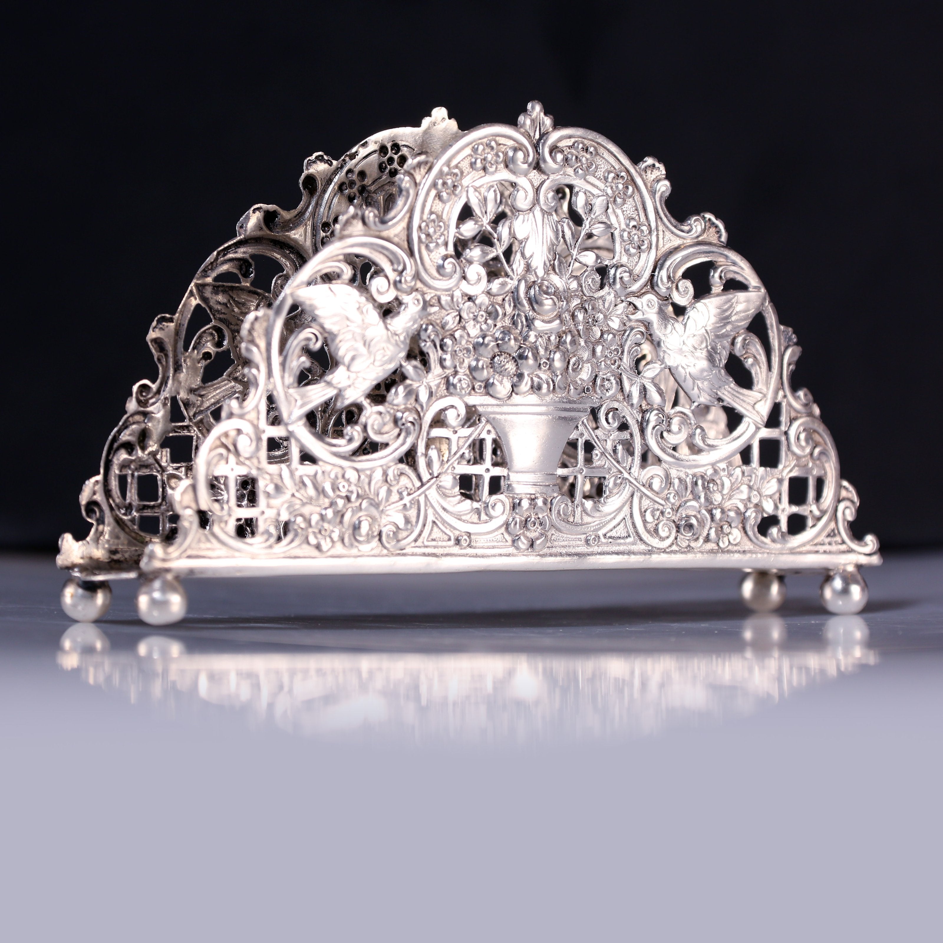 European antique sterling silver floral and fruit tissue holder