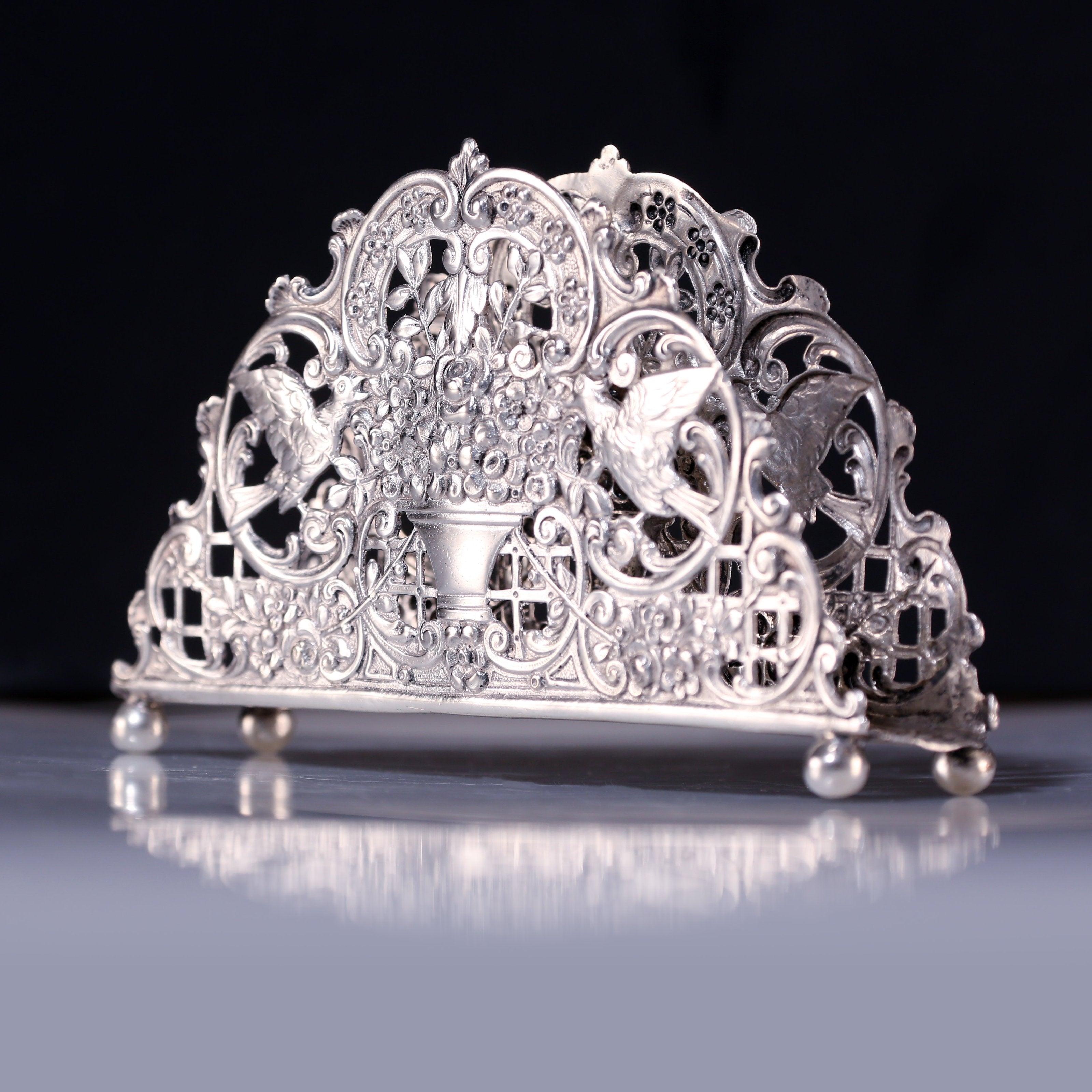 European antique sterling silver floral and fruit tissue holder