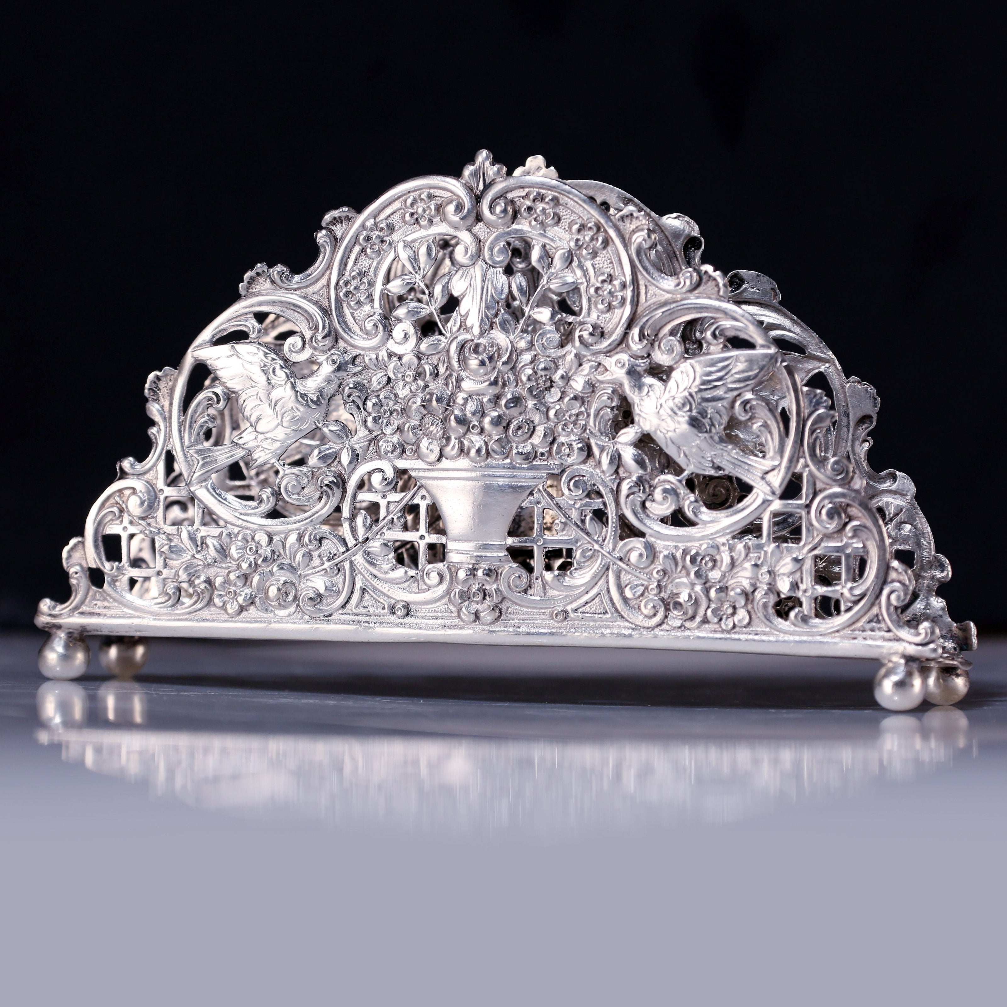 European antique sterling silver floral and fruit tissue holder