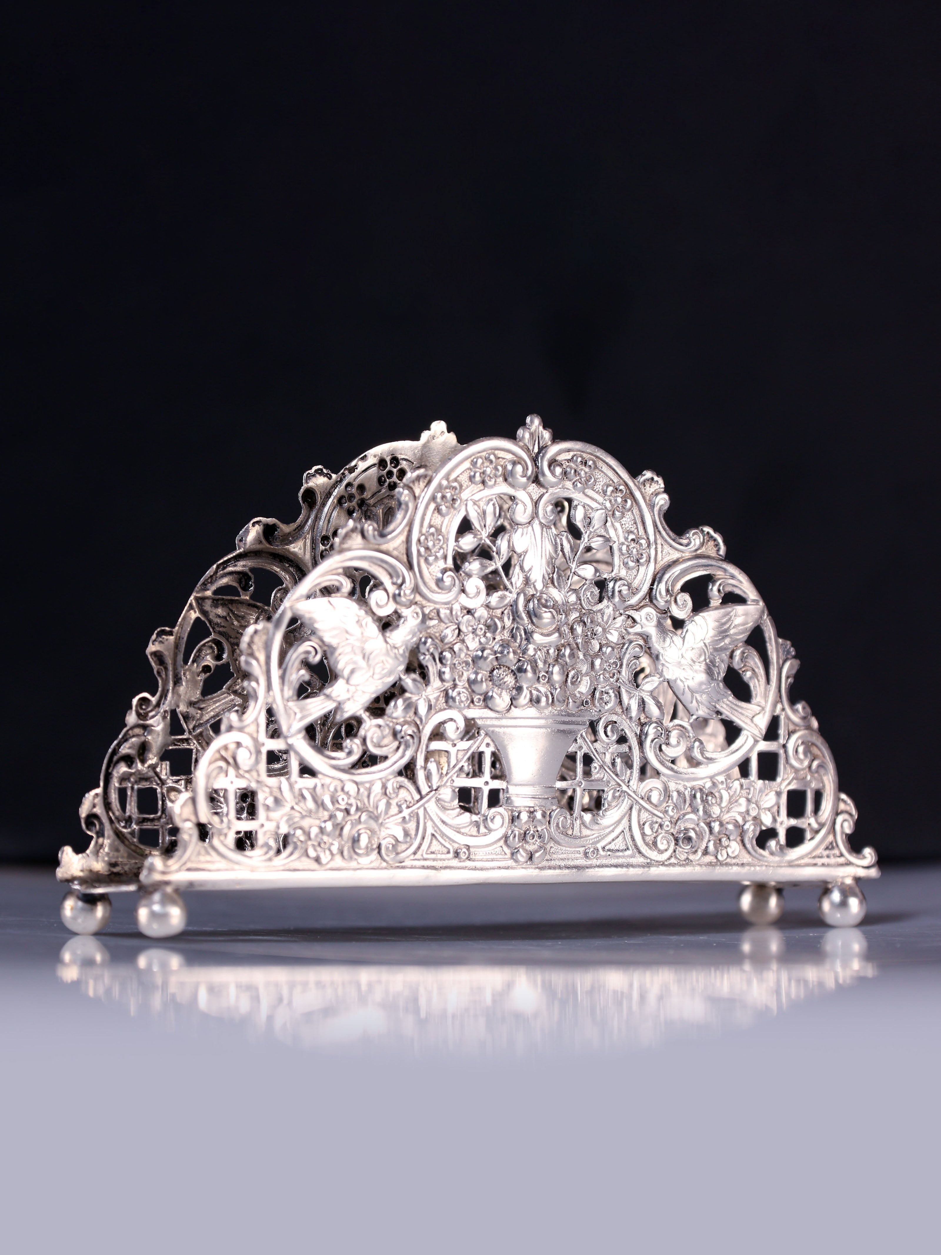 European antique sterling silver floral and fruit tissue holder