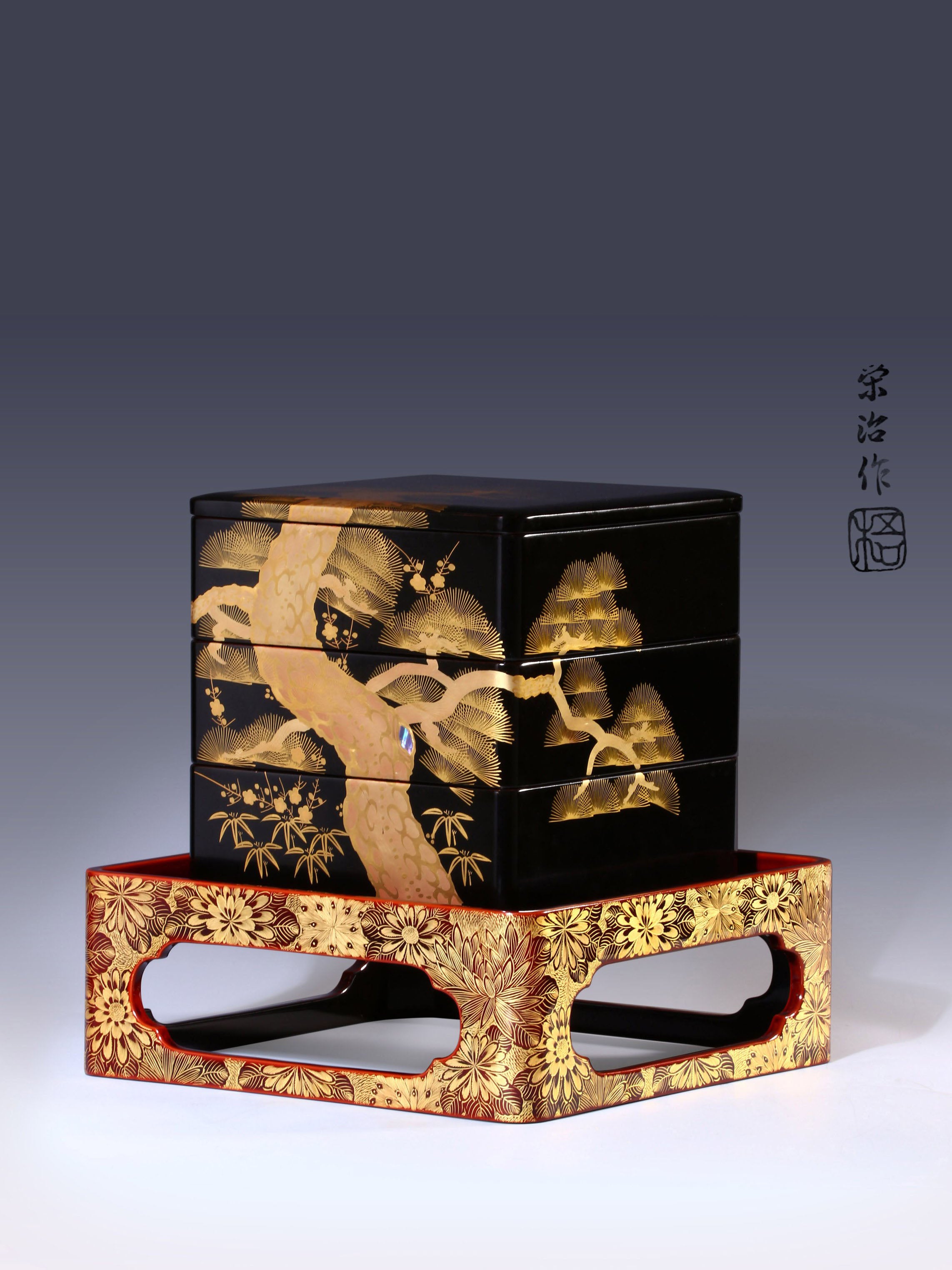 Japanese Meiji period tea box with pine, bamboo, and plum design, tea stall with chrysanthemum pattern.