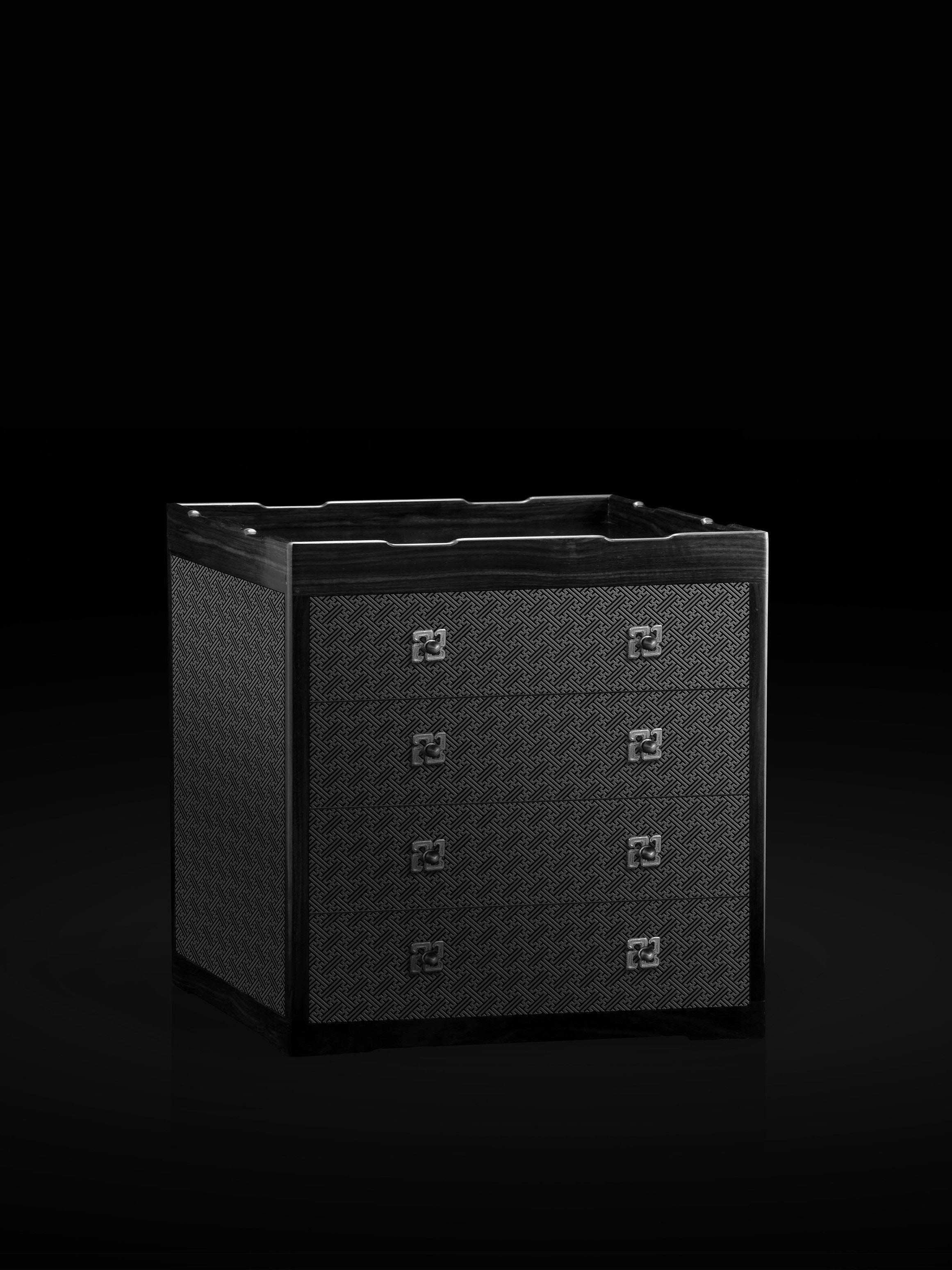 Four-drawer tea box carved with swastika pattern from rosewood.