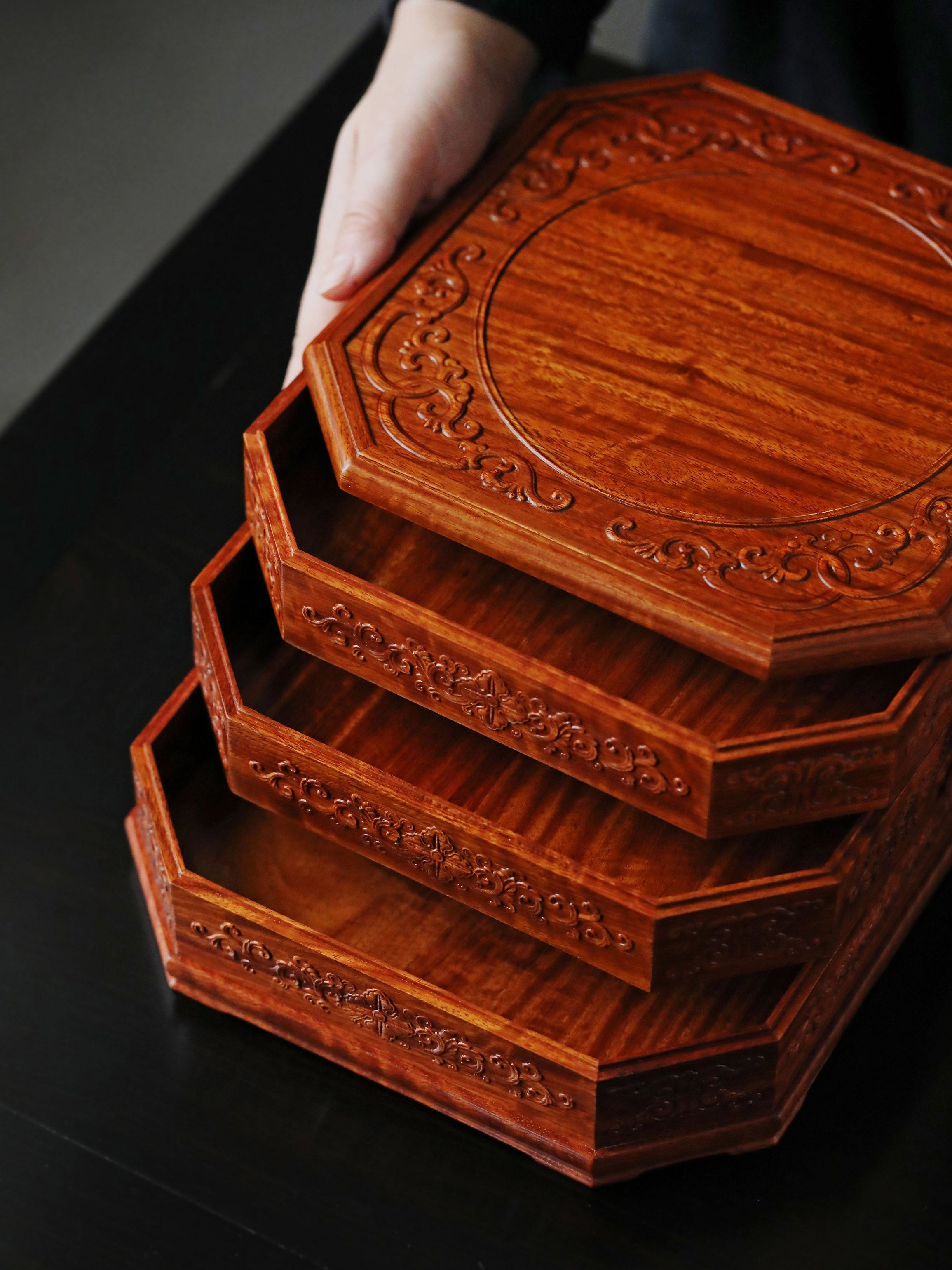 Burmese rosewood three-tiered octagonal tea box