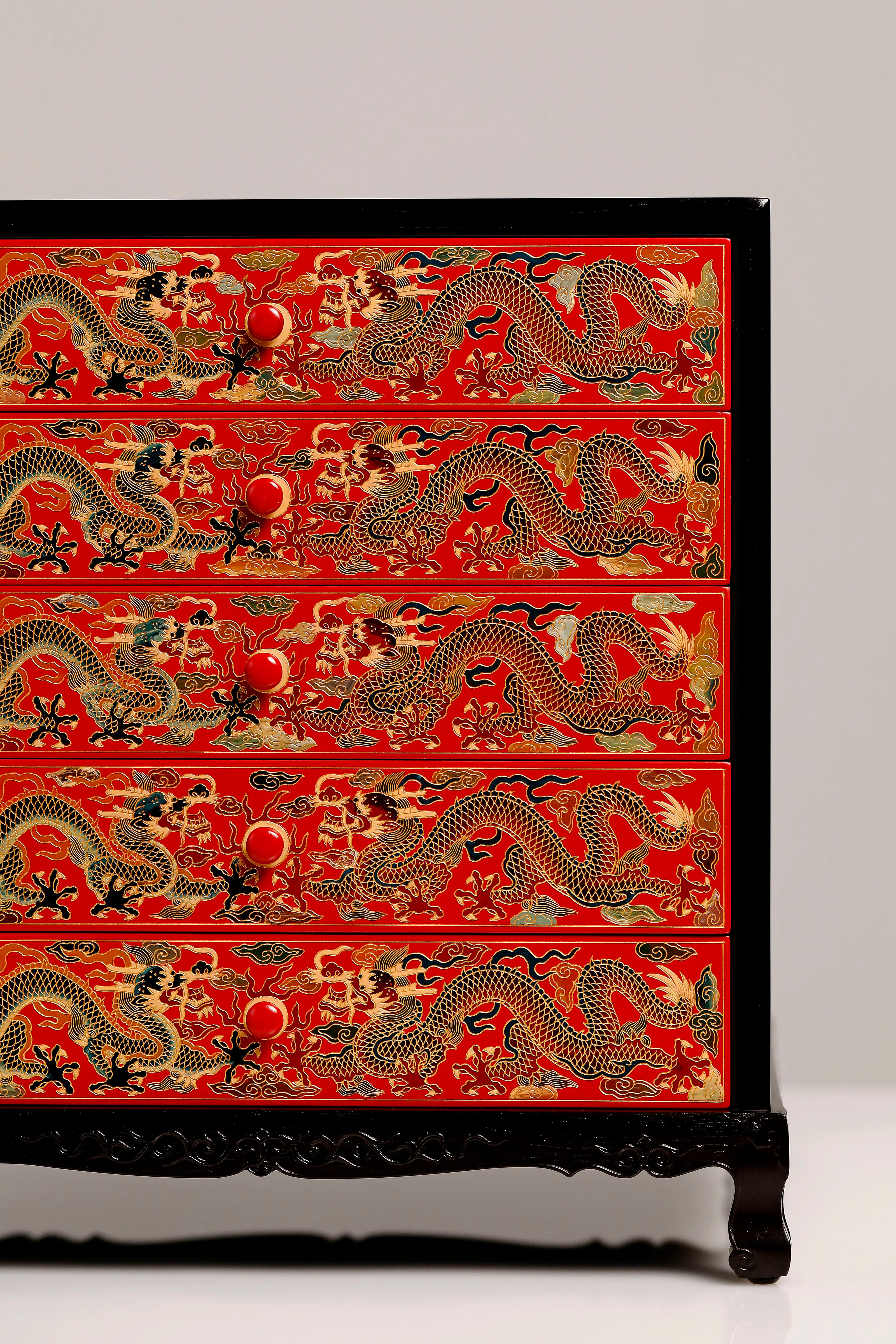 Purple sandalwood lacquer table with double dragons playing with a pearl, five-tiered tea cabinet