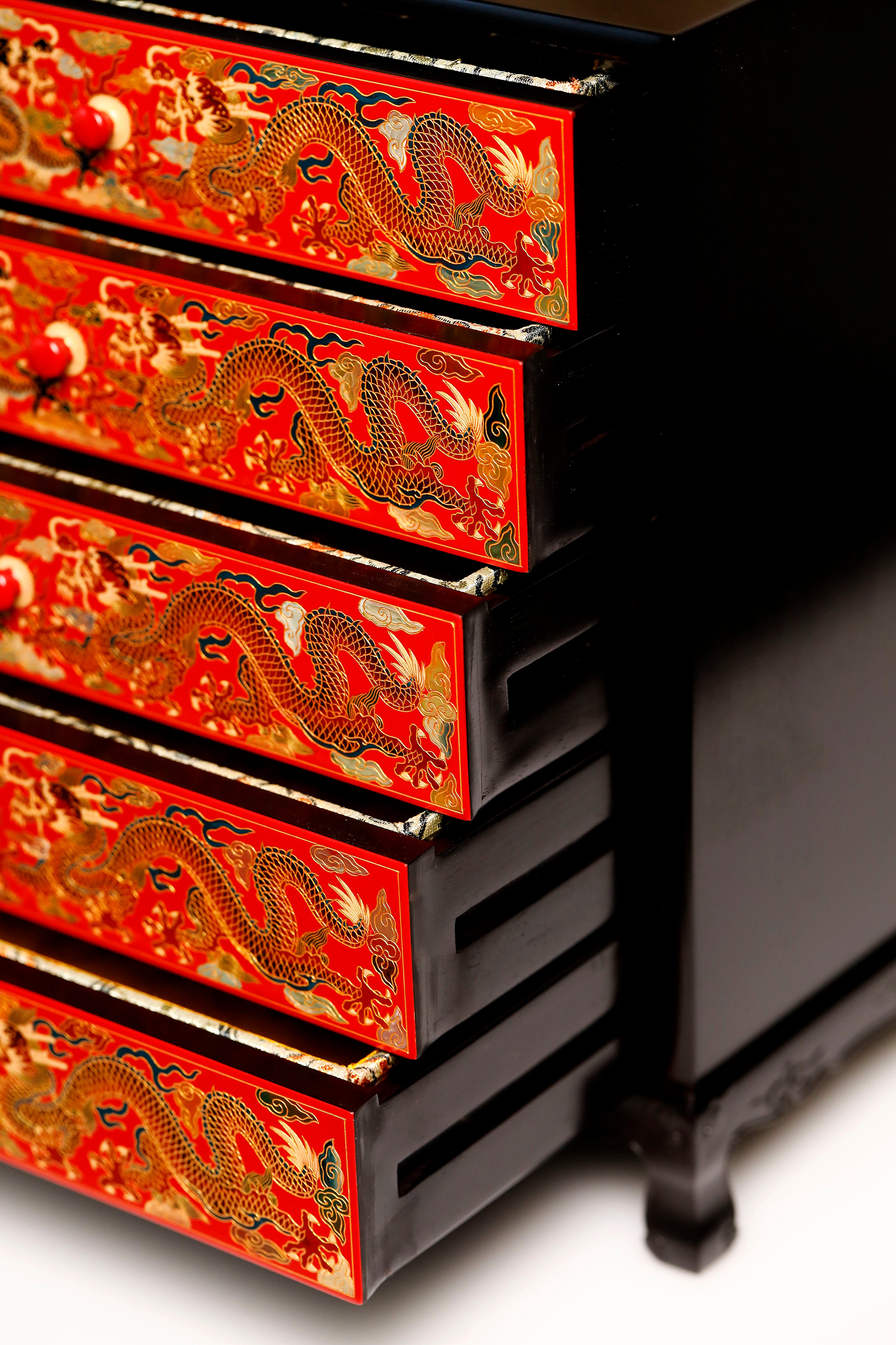 Purple sandalwood lacquer table with double dragons playing with a pearl, five-tiered tea cabinet