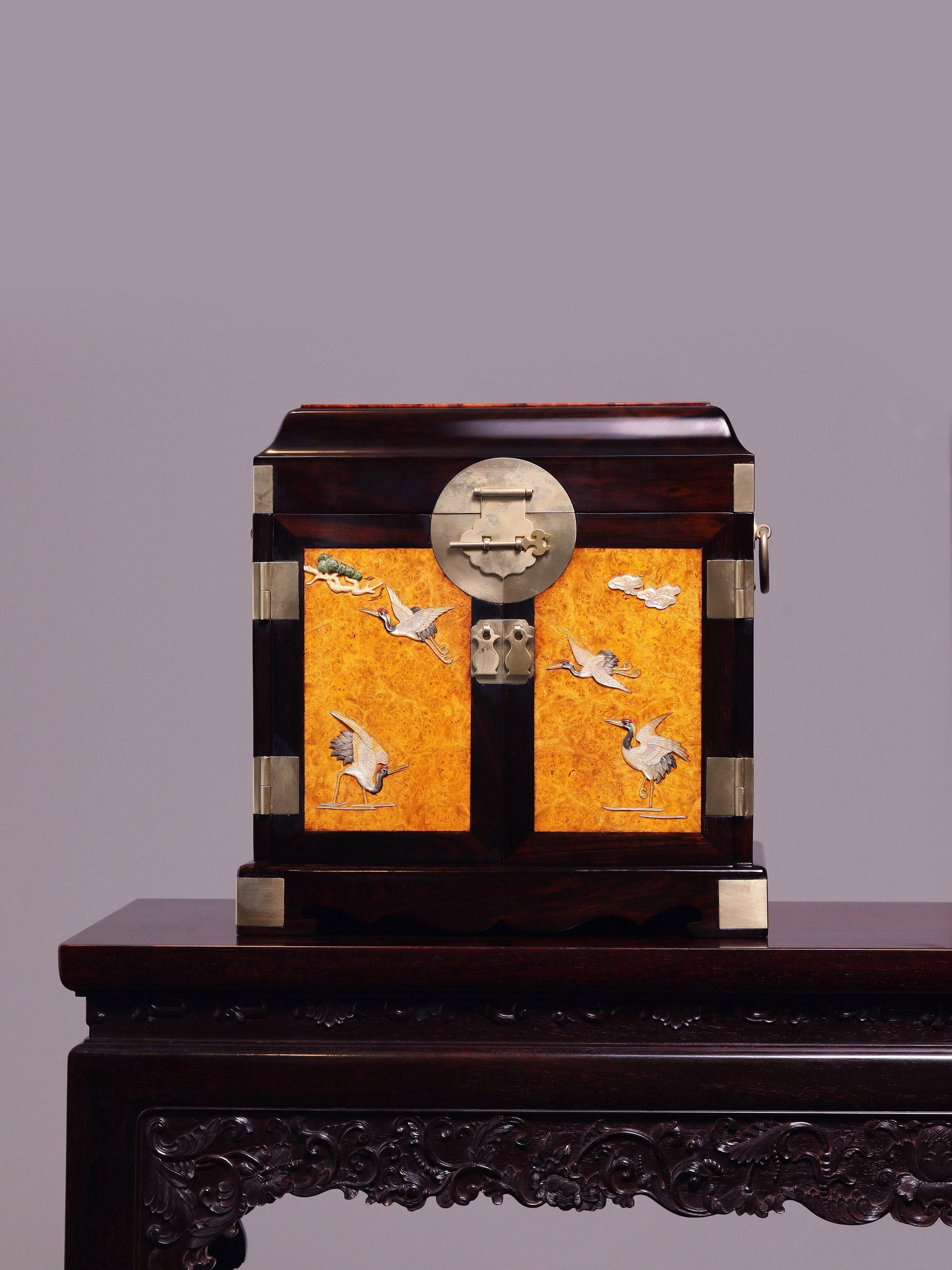 inlaid with pine and crane motifs, official leather box