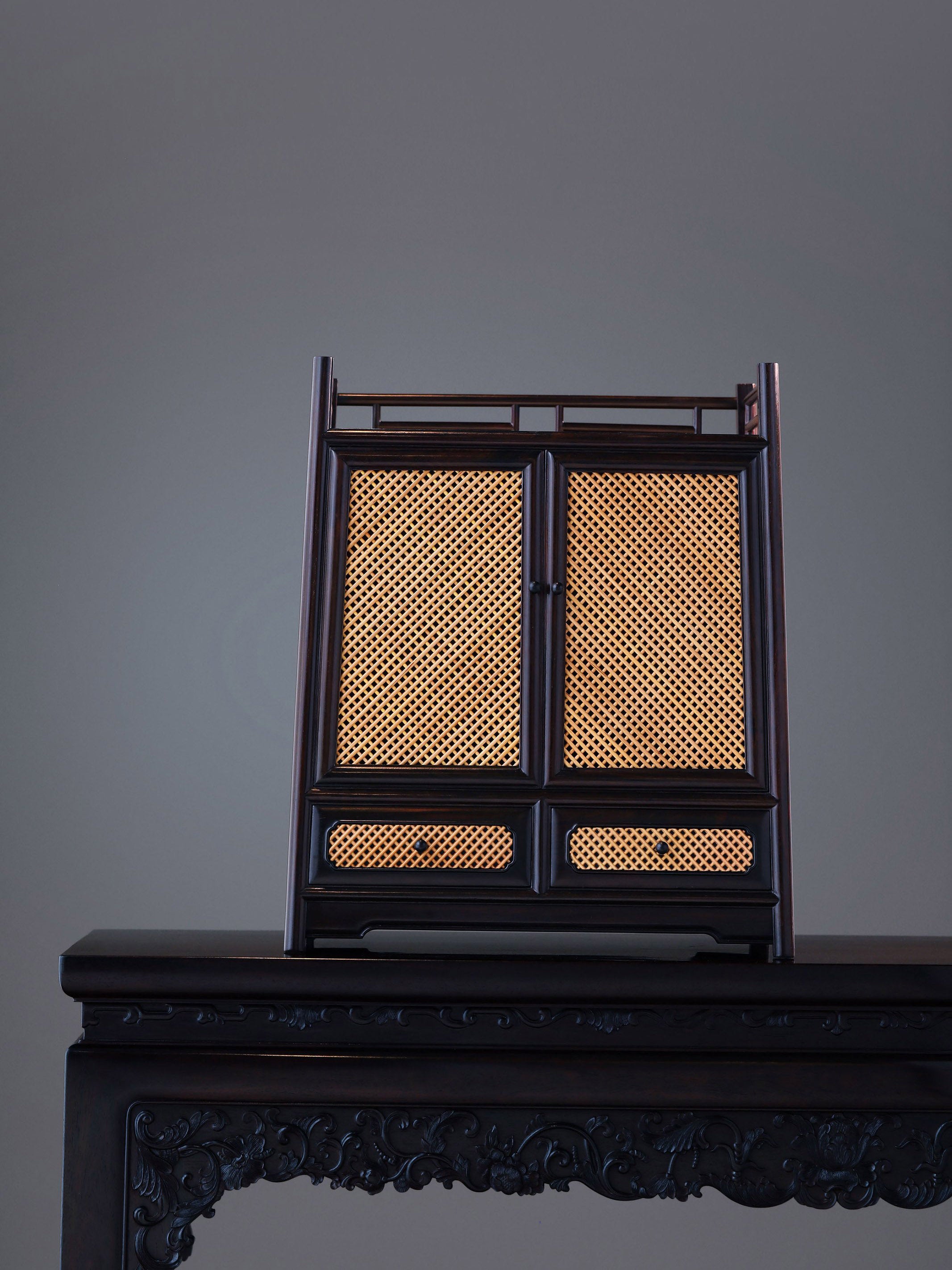 Rosewood inlaid with boxwood and marble bamboo tea cabinet