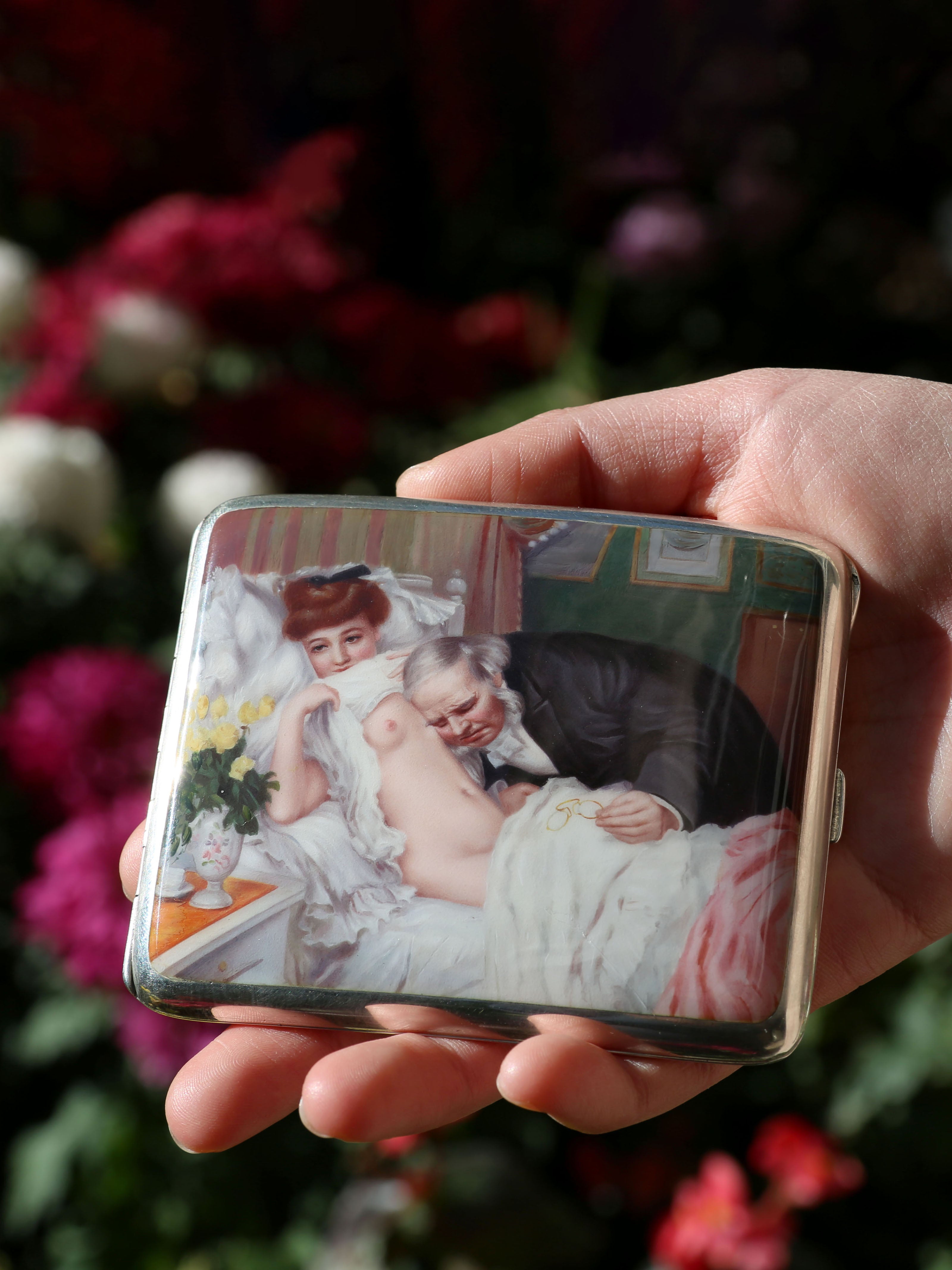 Auscultation - A 19th-century British enamel-painted sterling silver cigarette case