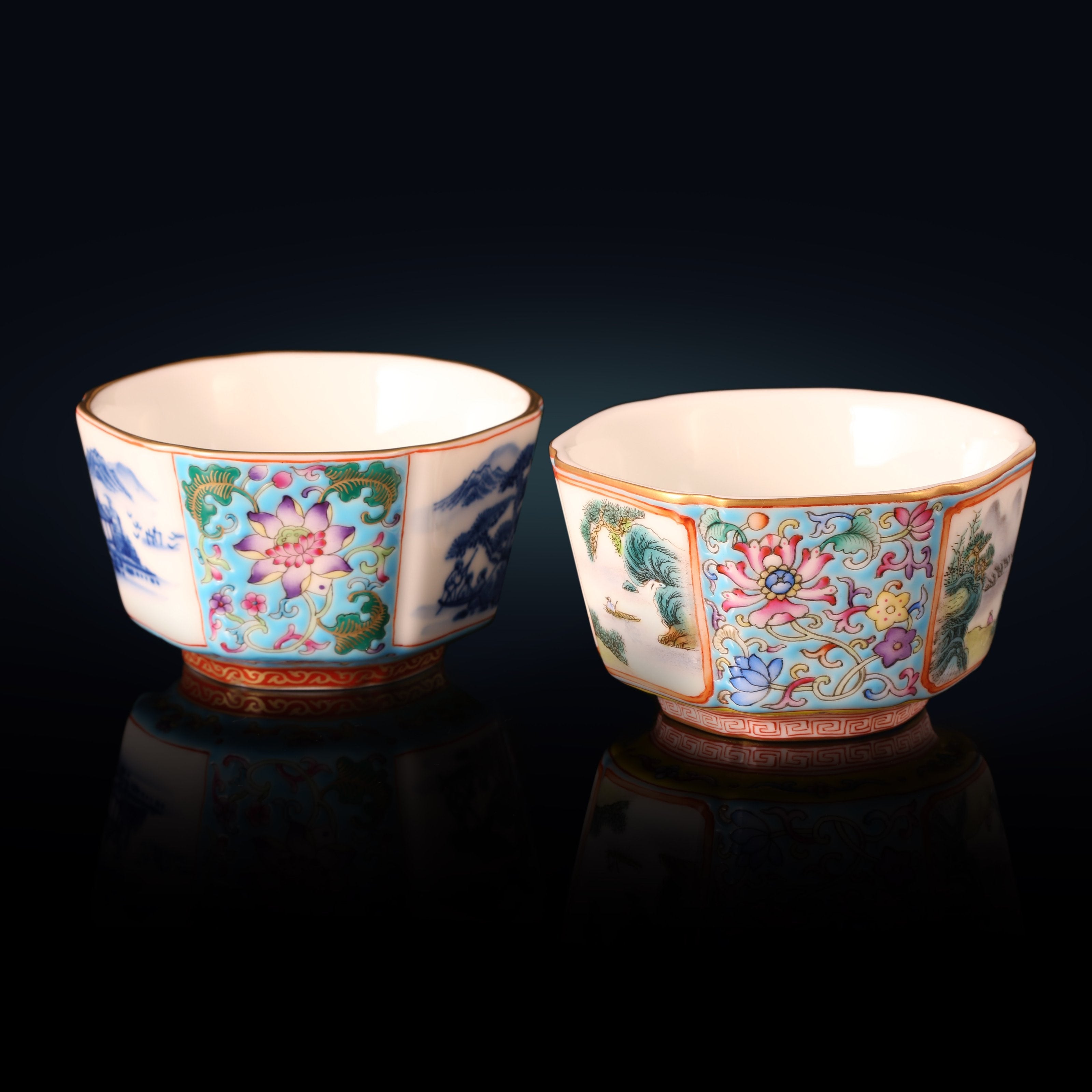 Dayazhai Enamel Landscape/Blue and White Hexagonal Cup with Window