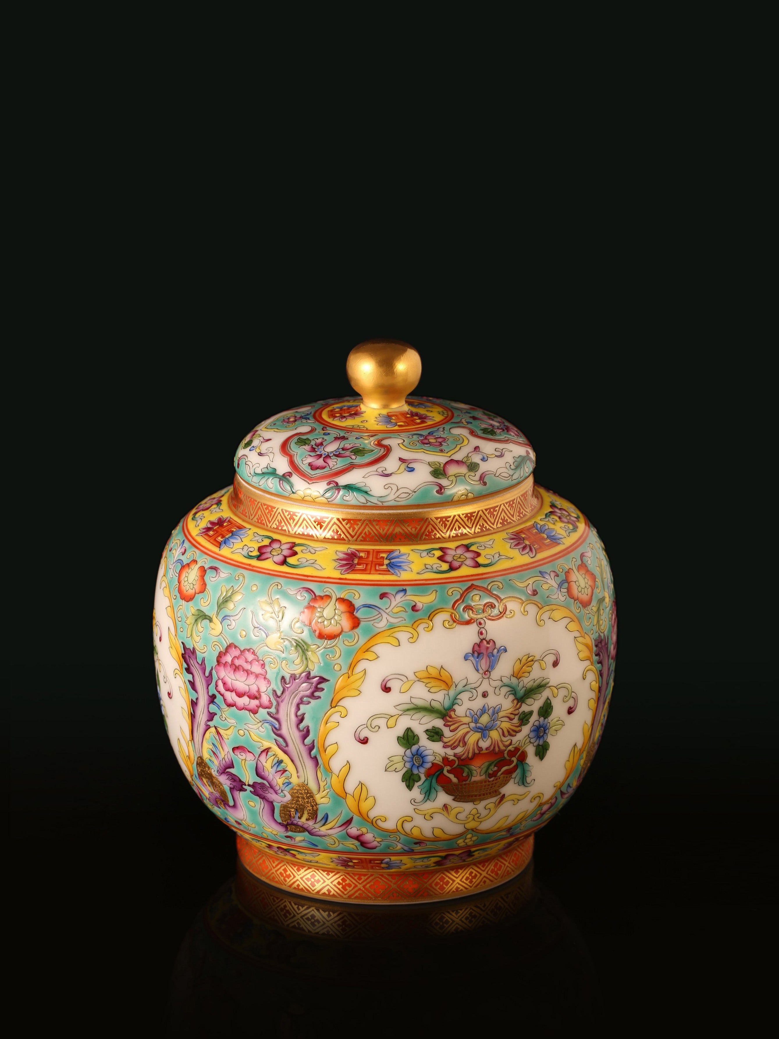 Dayazhai Enamel Flower Basket with Phoenix Design and Tea Canister on Pink/Green Ground