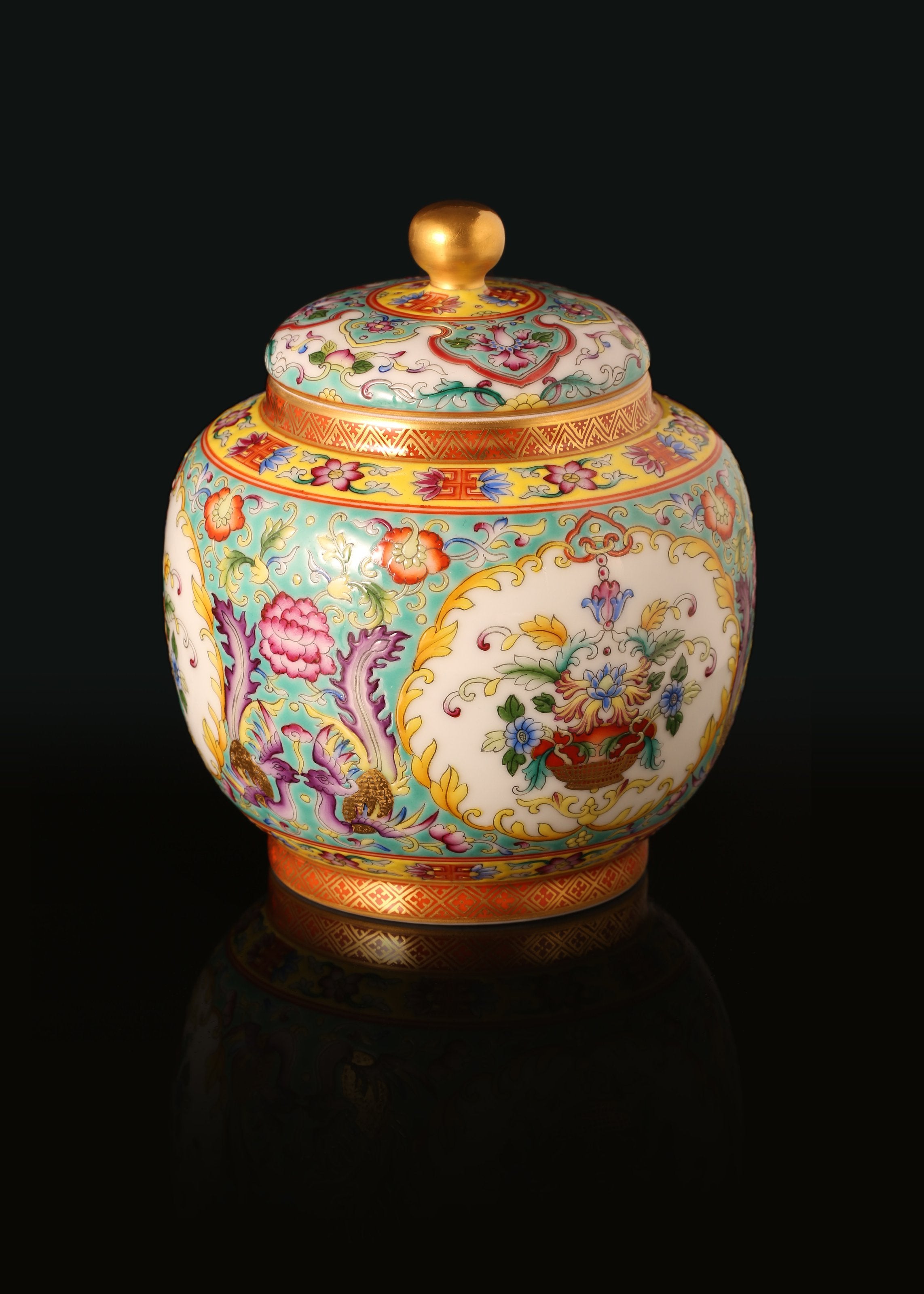 Dayazhai Enamel Flower Basket with Phoenix Design and Tea Canister on Pink/Green Ground