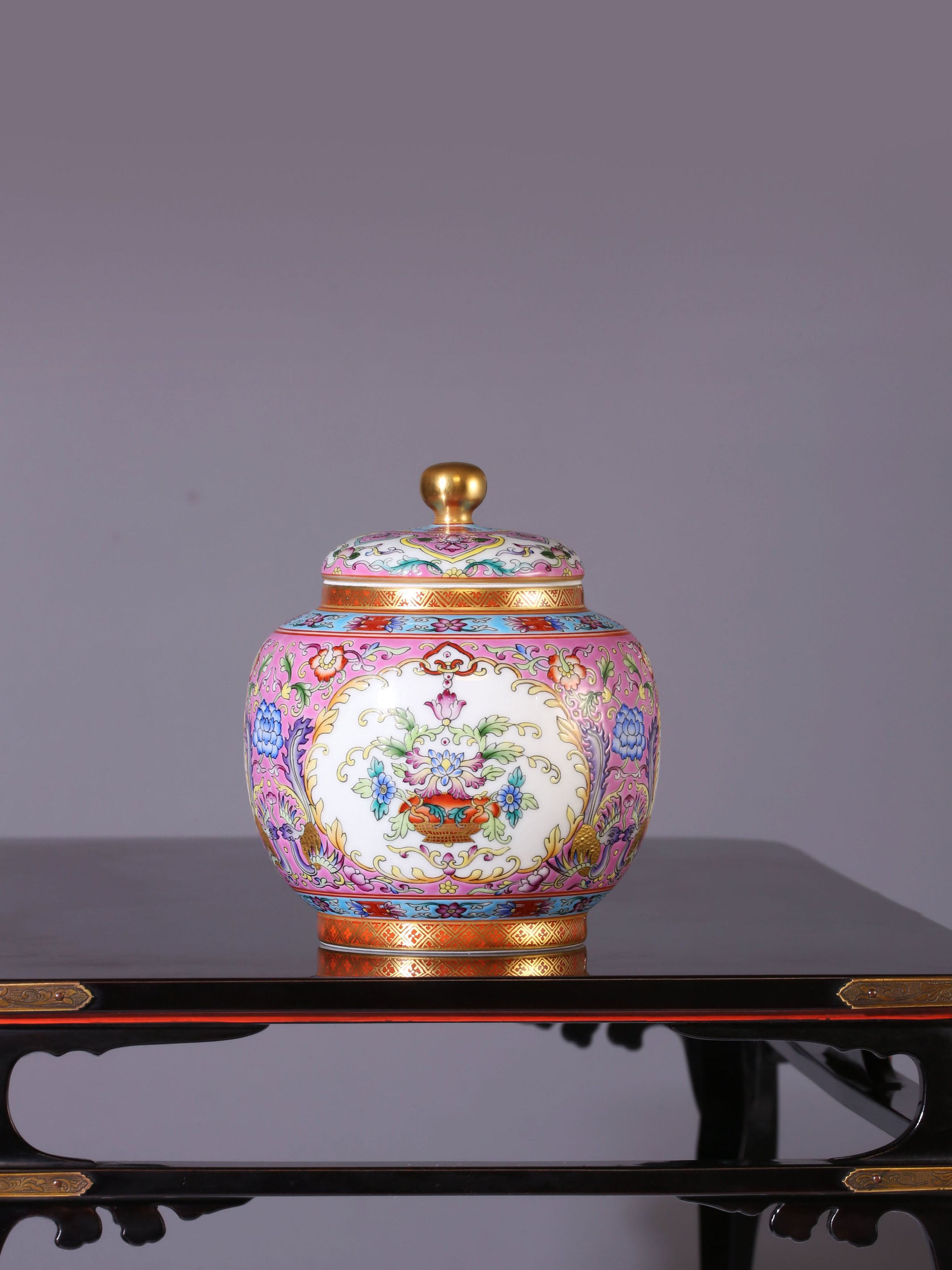 Dayazhai Enamel Flower Basket with Phoenix Design and Tea Canister on Pink/Green Ground