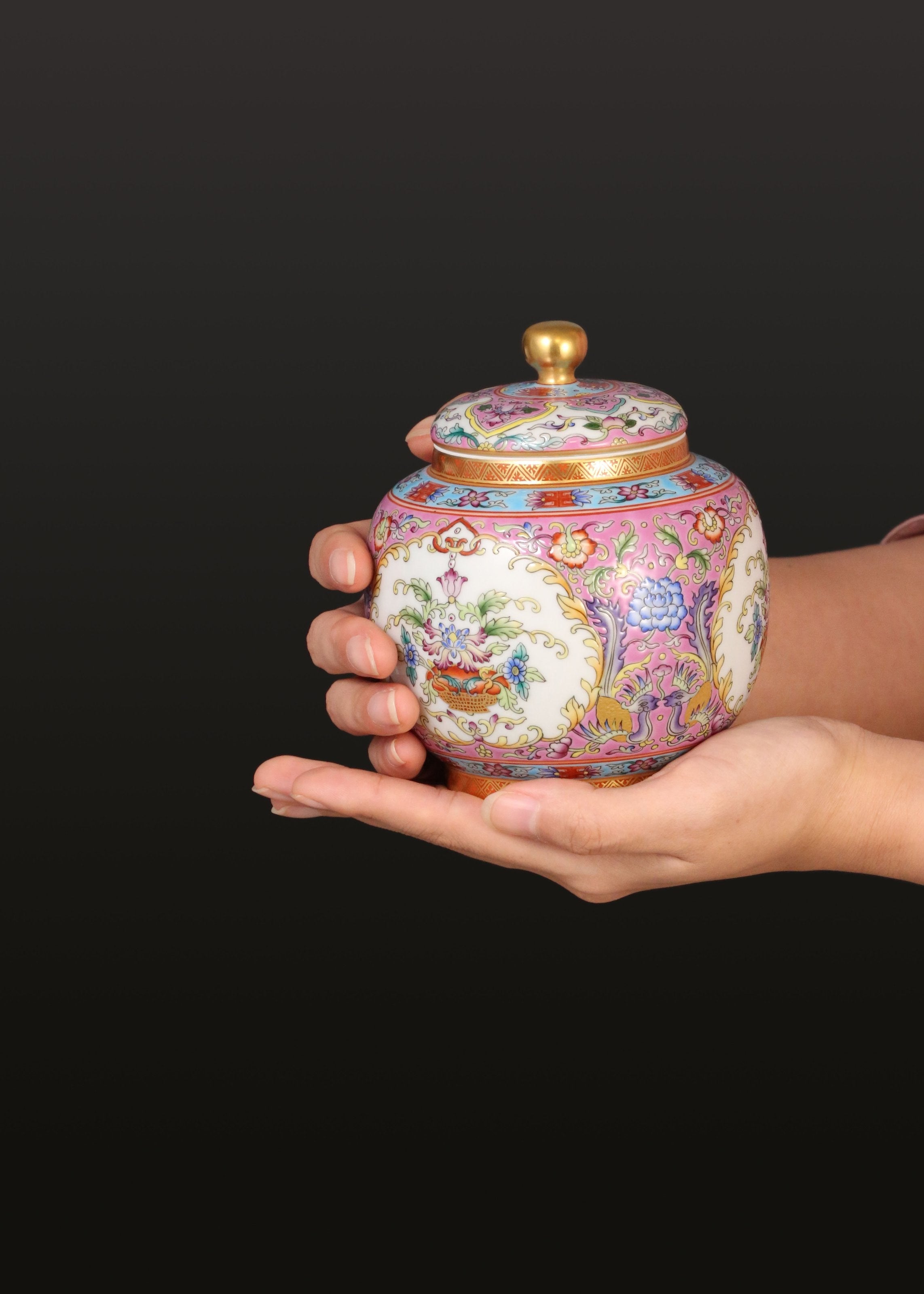 Dayazhai Enamel Flower Basket with Phoenix Design and Tea Canister on Pink/Green Ground