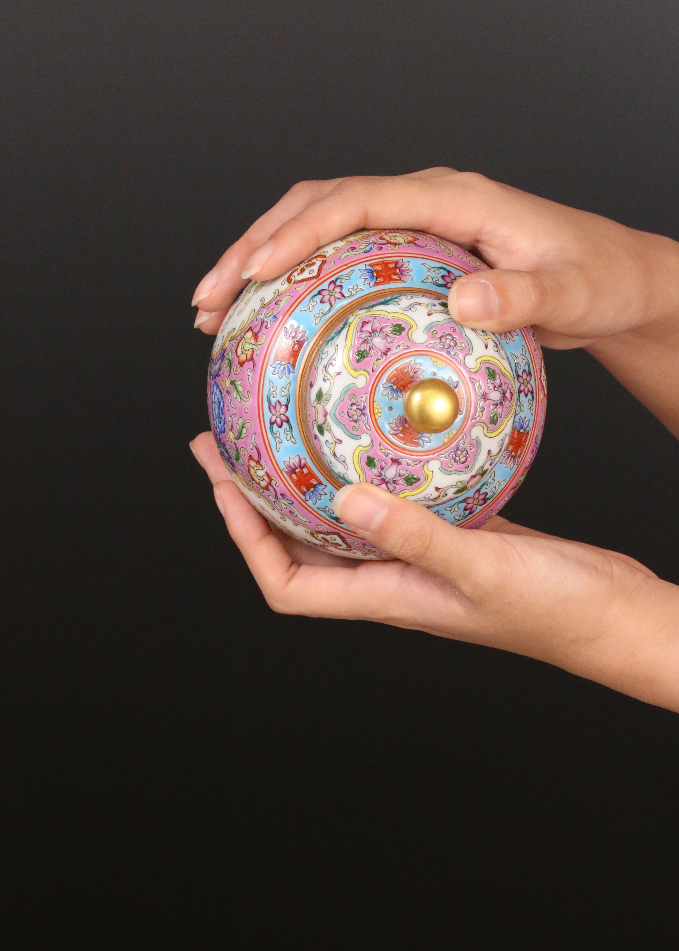 Dayazhai Enamel Flower Basket with Phoenix Design and Tea Canister on Pink/Green Ground