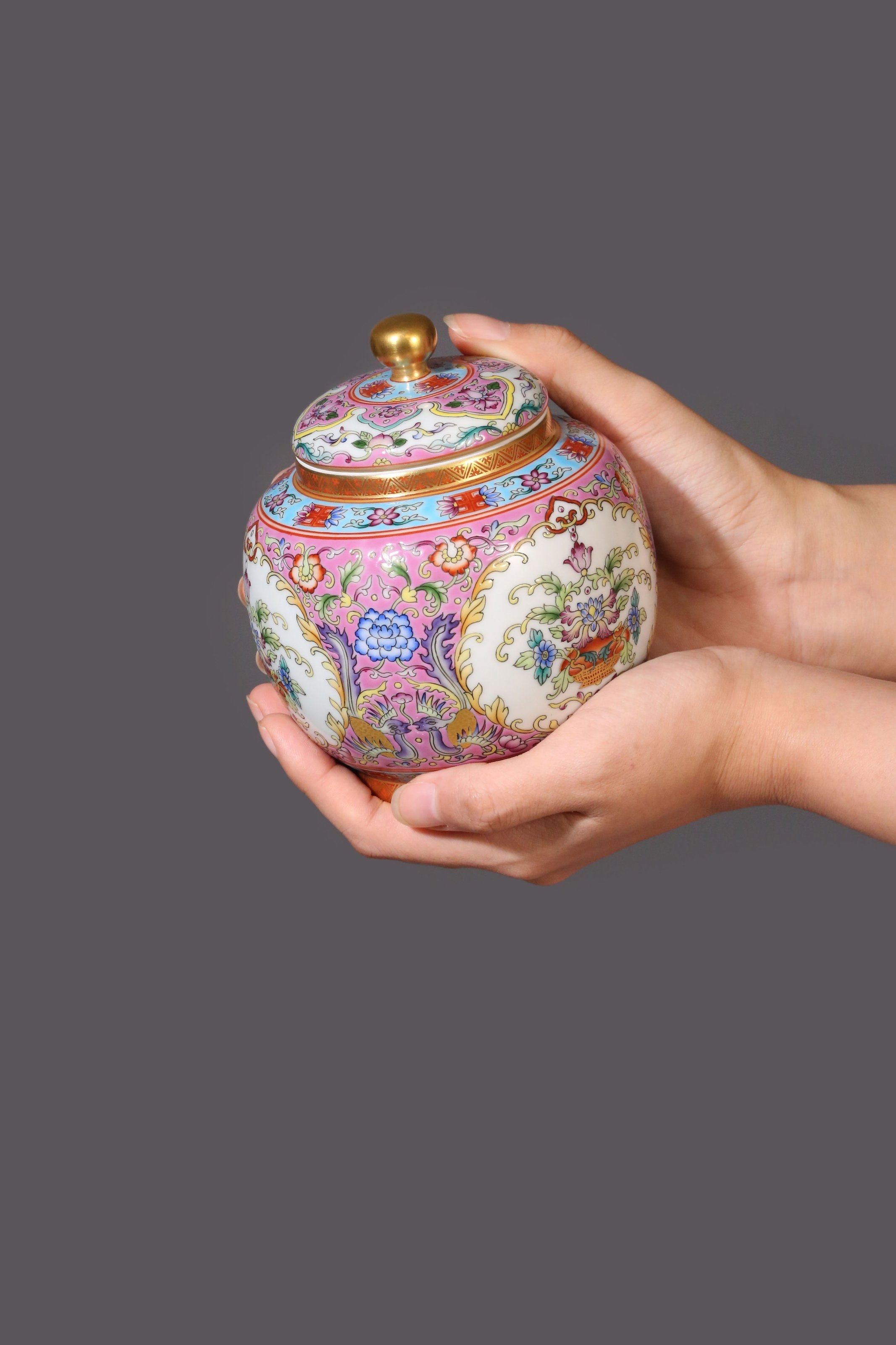 Dayazhai Enamel Flower Basket with Phoenix Design and Tea Canister on Pink/Green Ground