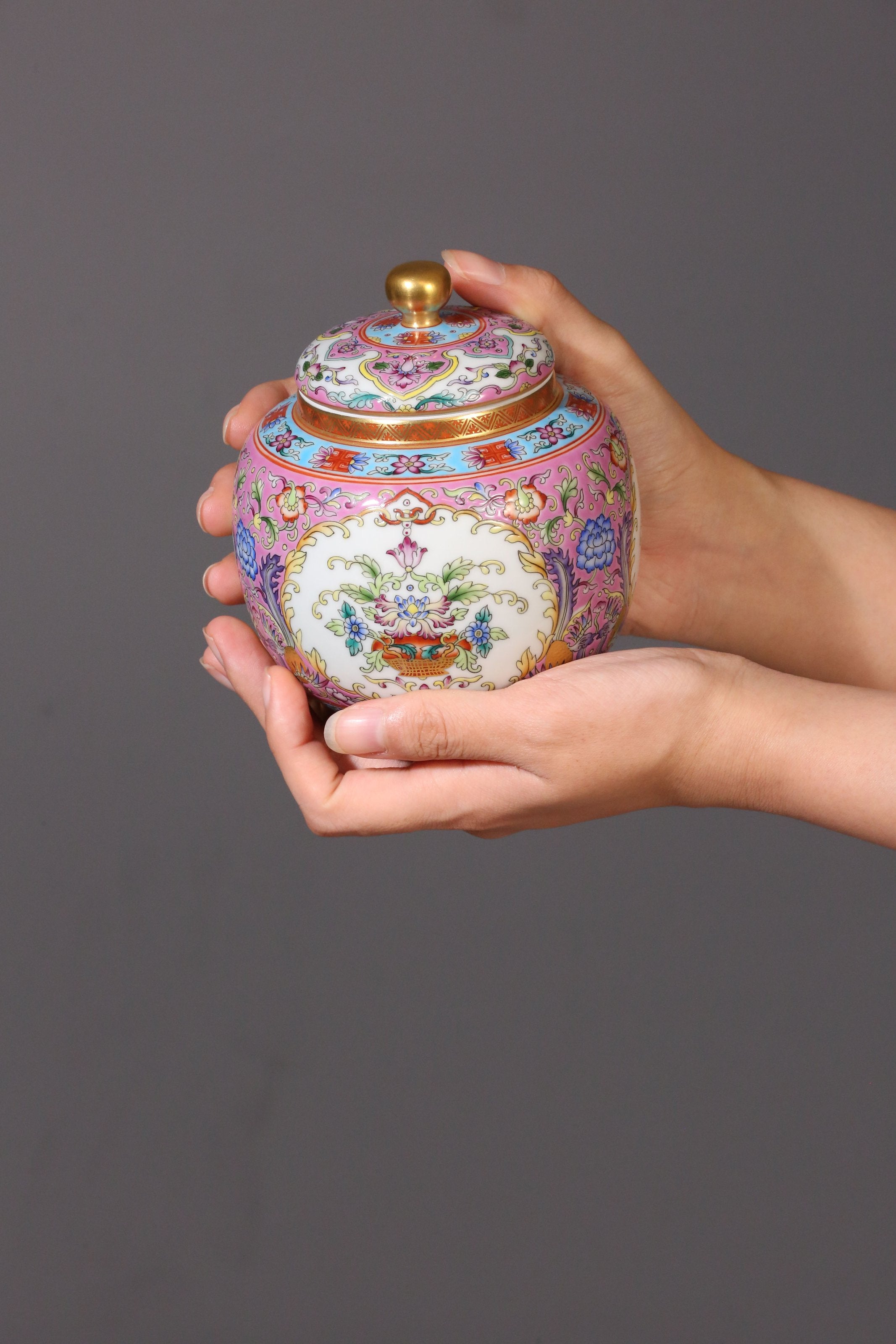 Dayazhai Enamel Flower Basket with Phoenix Design and Tea Canister on Pink/Green Ground