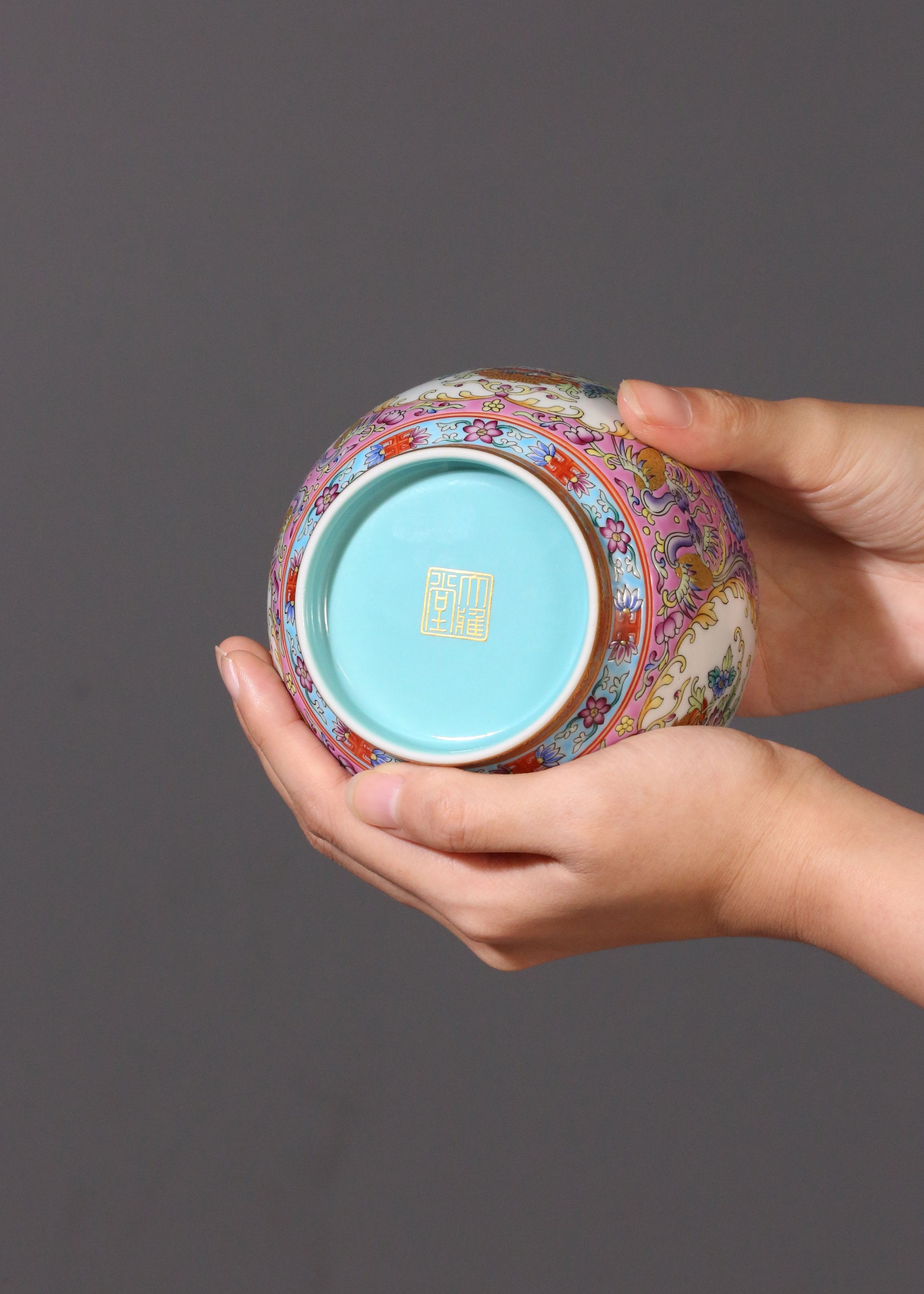 Dayazhai Enamel Flower Basket with Phoenix Design and Tea Canister on Pink/Green Ground