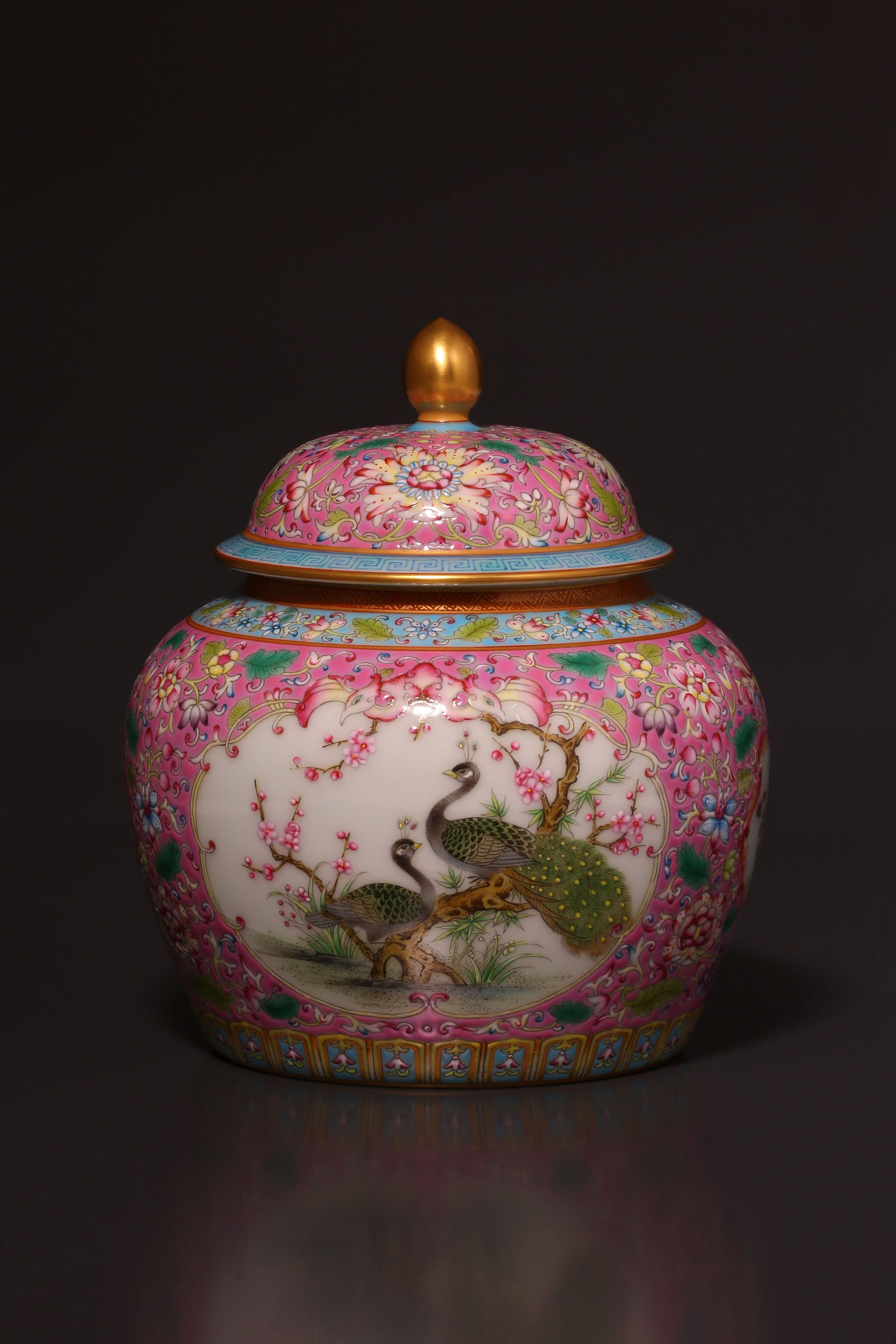 Enamel-painted tea caddy with openwork floral and bird design