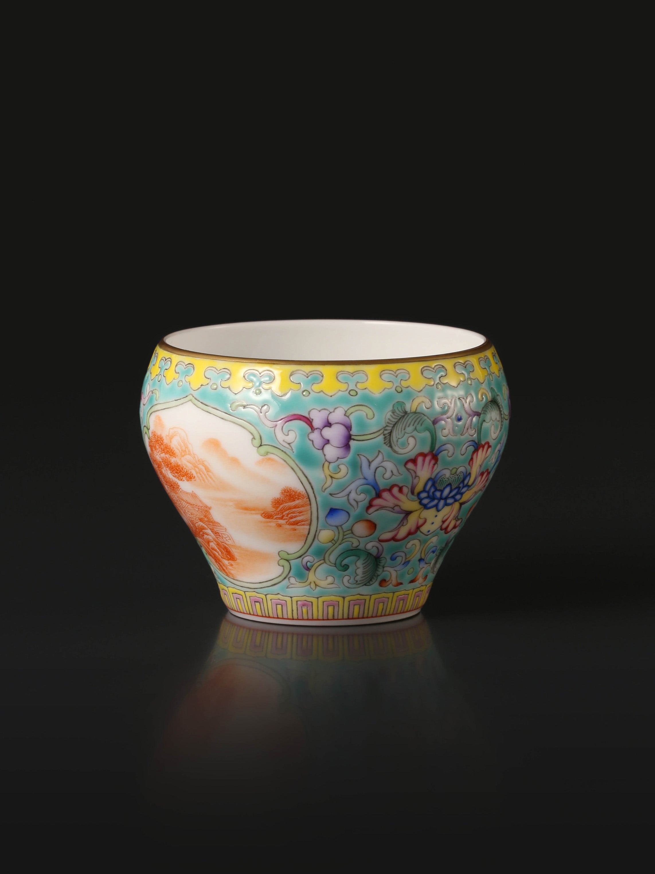 Dayazhai Enamel Painted Windowed Iron-Red Landscape Cup