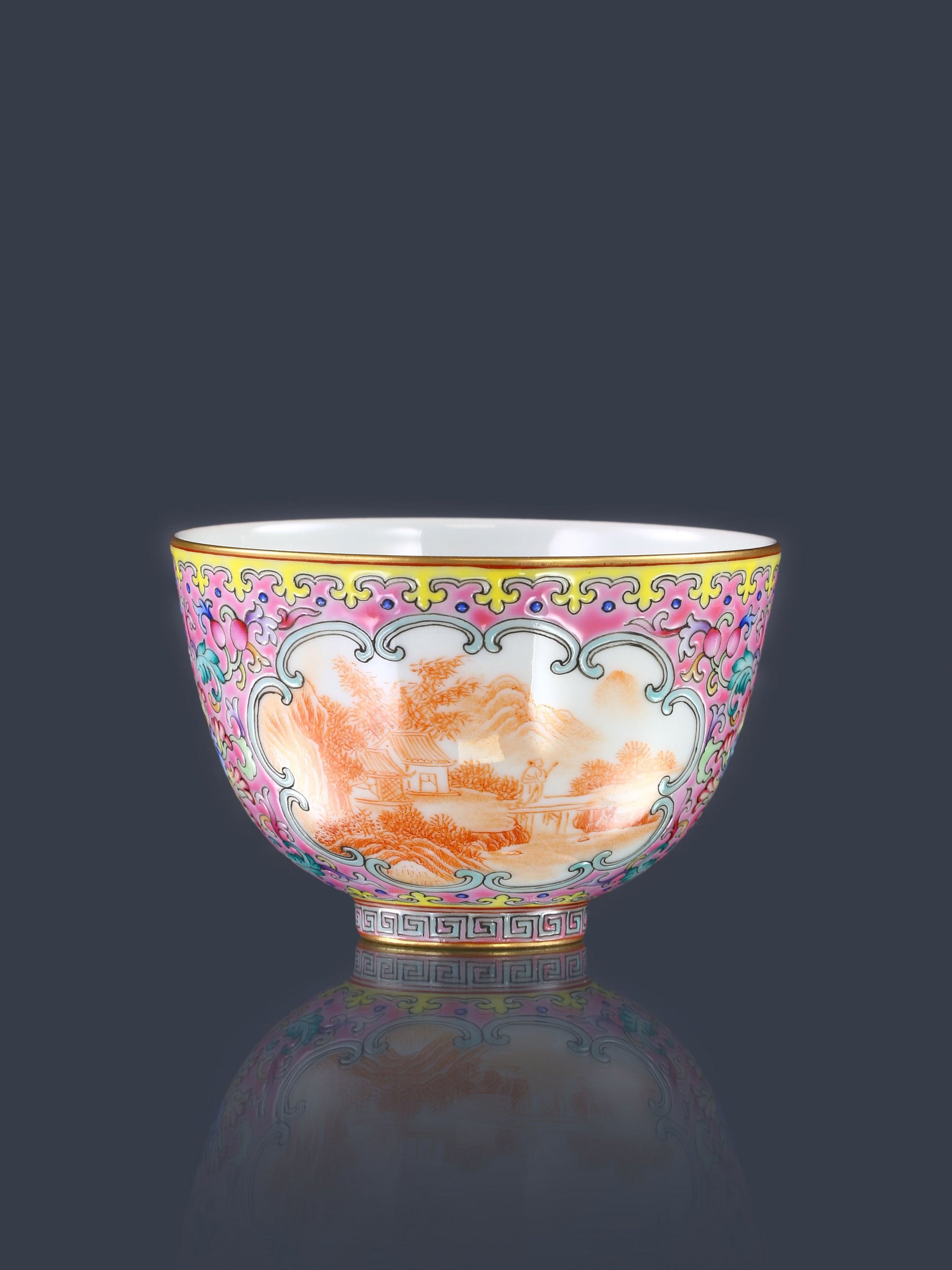 Dayazhai Enamel Painted Windowed Iron-Red Landscape Bell Cup