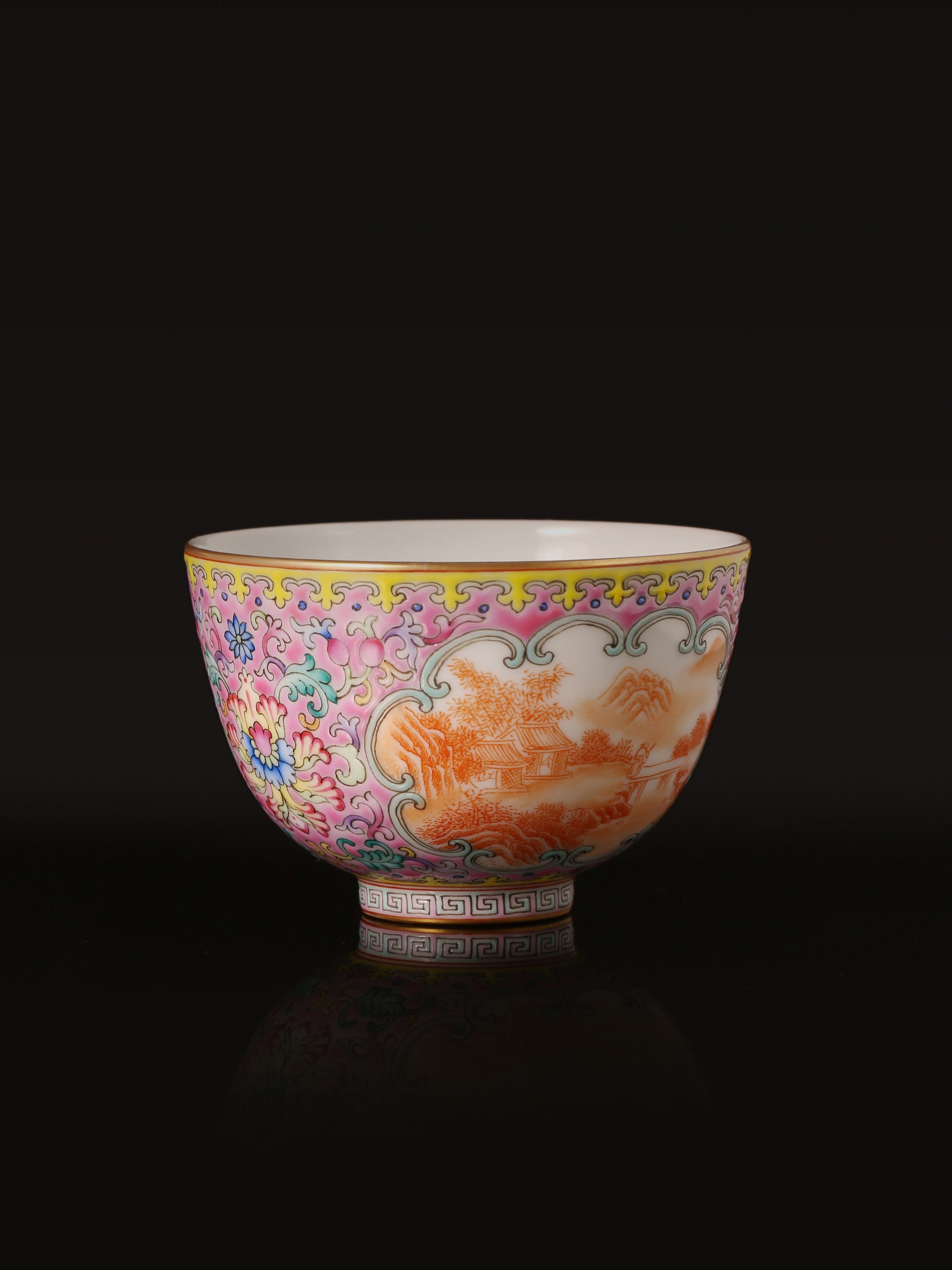 Dayazhai Enamel Painted Windowed Iron-Red Landscape Bell Cup