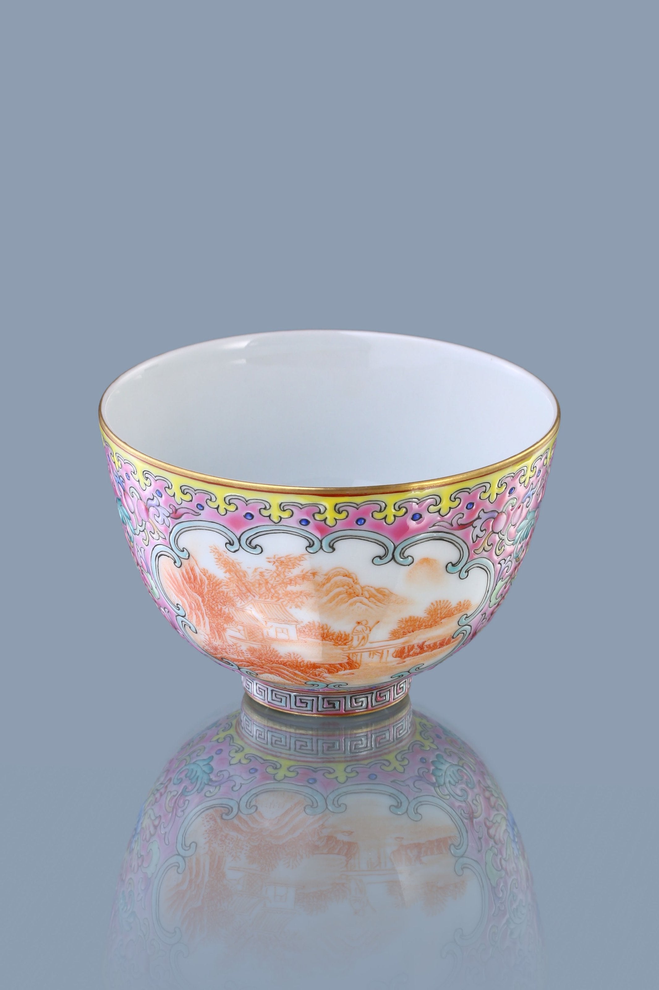 Dayazhai Enamel Painted Windowed Iron-Red Landscape Bell Cup